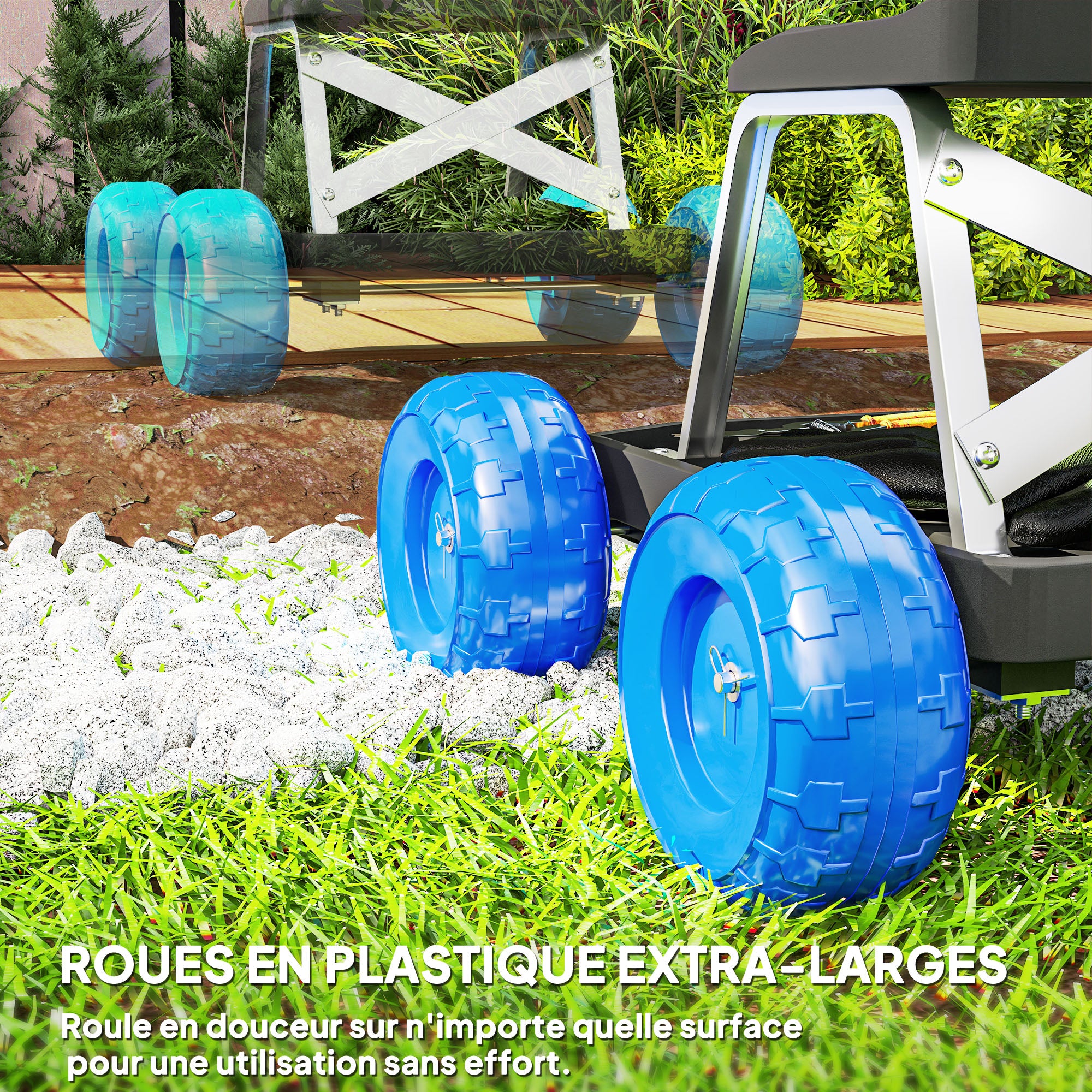 Garden Stool on Wheels Gardening Tool Tray Cart with Seat for Weeding, Planting, 50 x 49 x 32 cm Blue