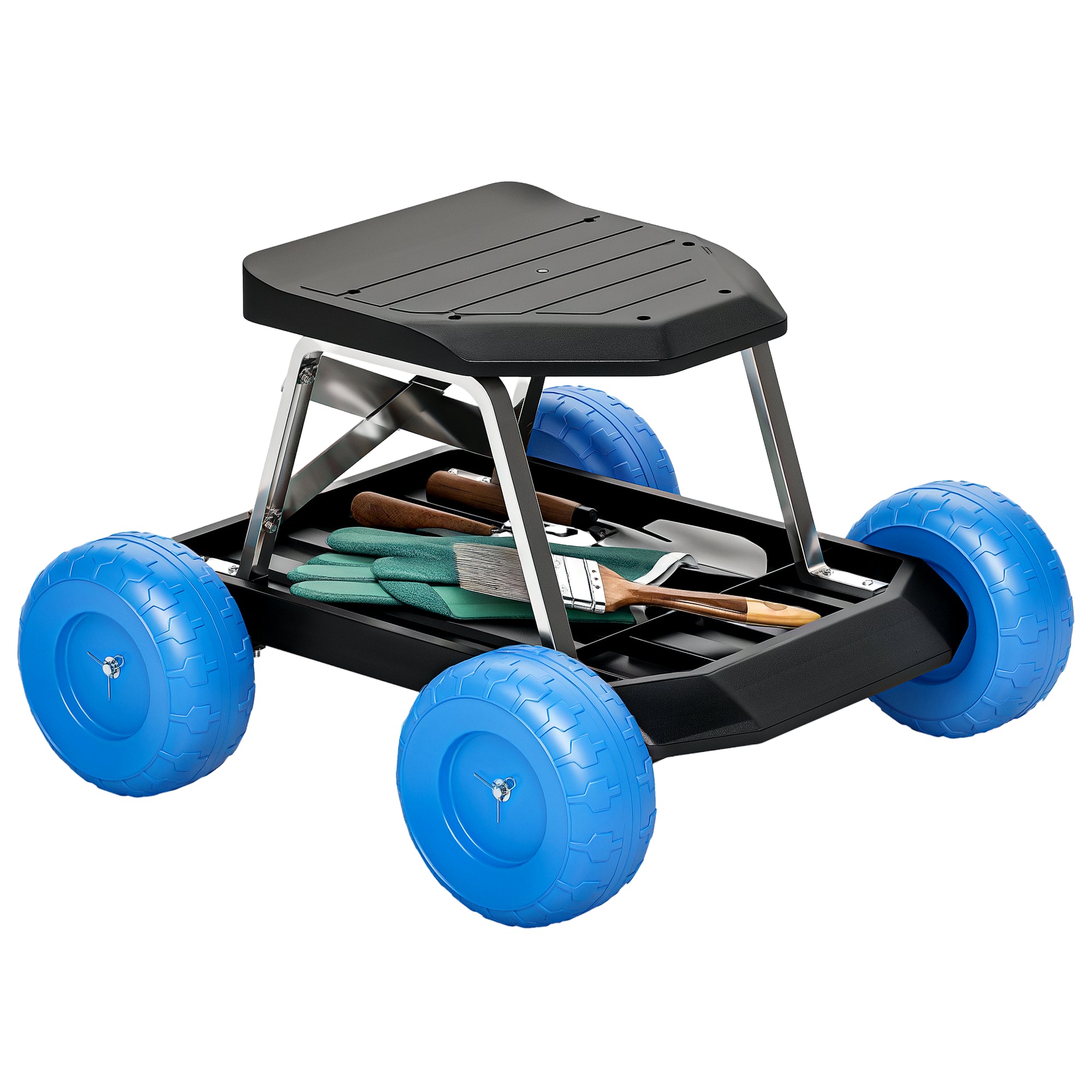 Garden Stool on Wheels Gardening Tool Tray Cart with Seat for Weeding, Planting, 50 x 49 x 32 cm Blue