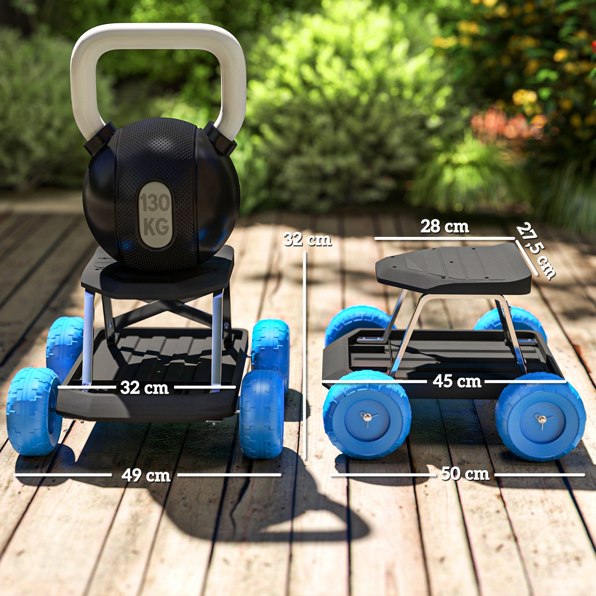 Garden Stool on Wheels Gardening Tool Tray Cart with Seat for Weeding, Planting, 50 x 49 x 32 cm Blue