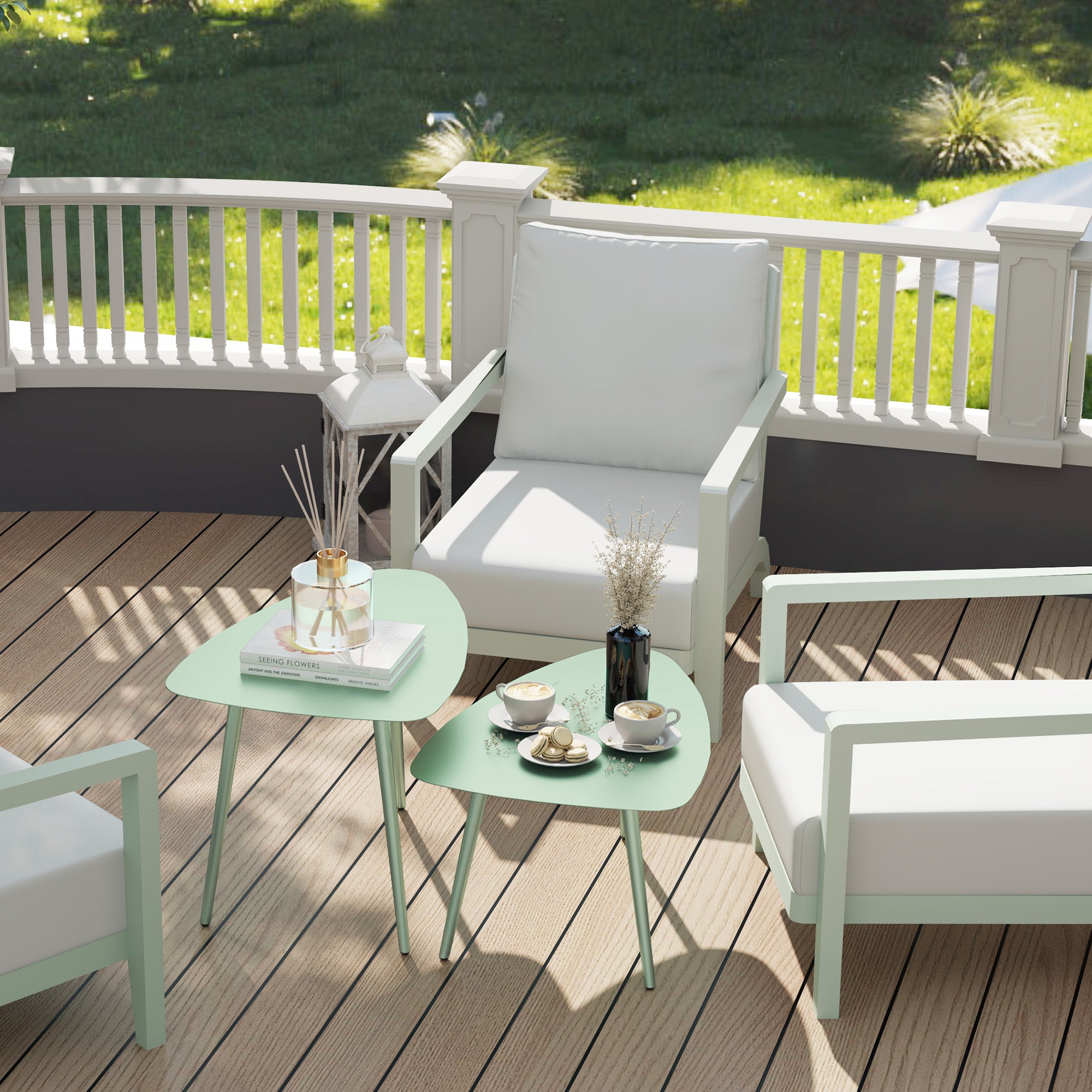 Set of 2 garden coffee tables, triangular nesting side tables, steel frame, with adjustable pads for balcony, patio, garden, light green