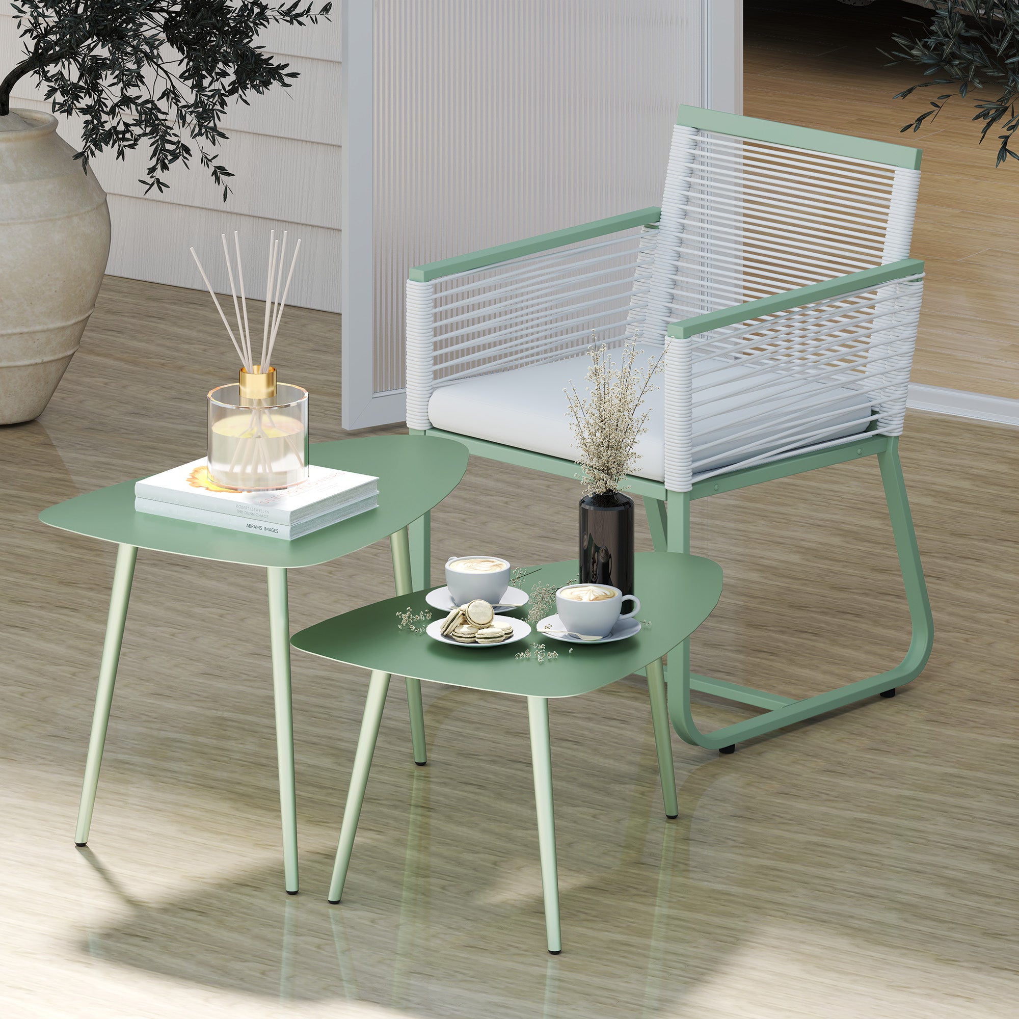 Set of 2 garden coffee tables, triangular nesting side tables, steel frame, with adjustable pads for balcony, patio, garden, light green