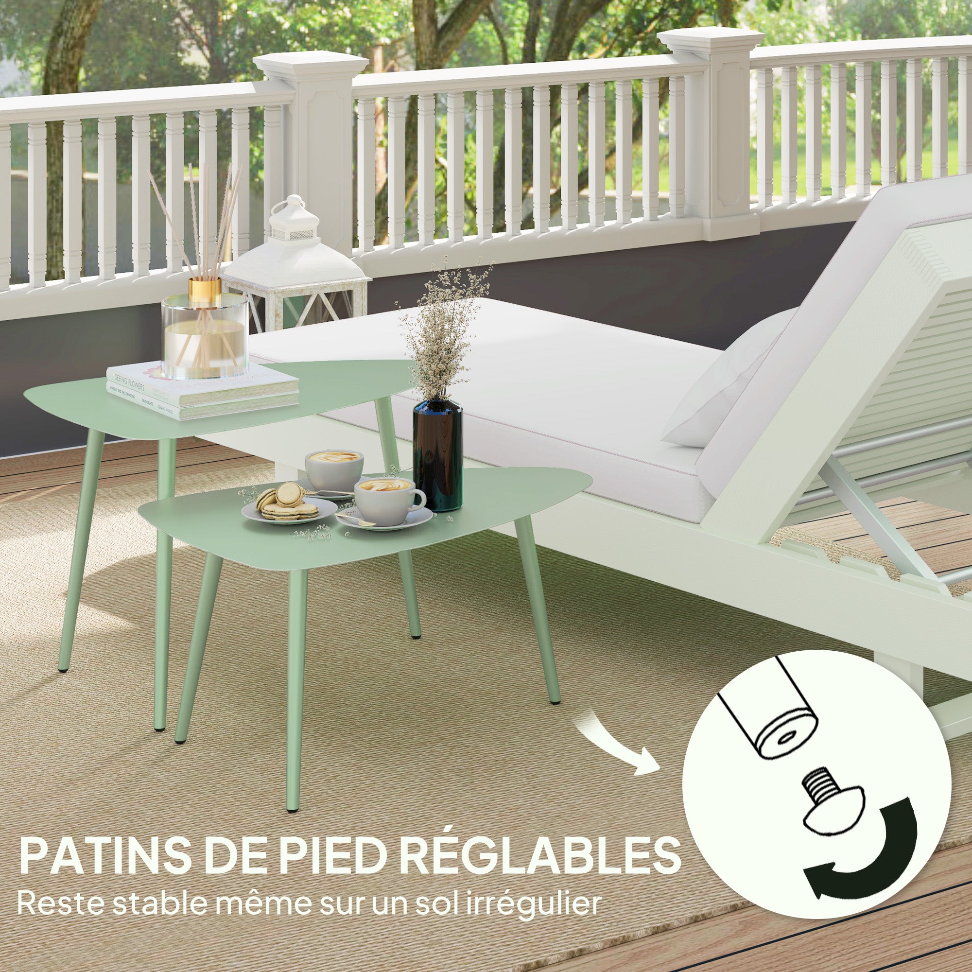 Set of 2 garden coffee tables, triangular nesting side tables, steel frame, with adjustable pads for balcony, patio, garden, light green