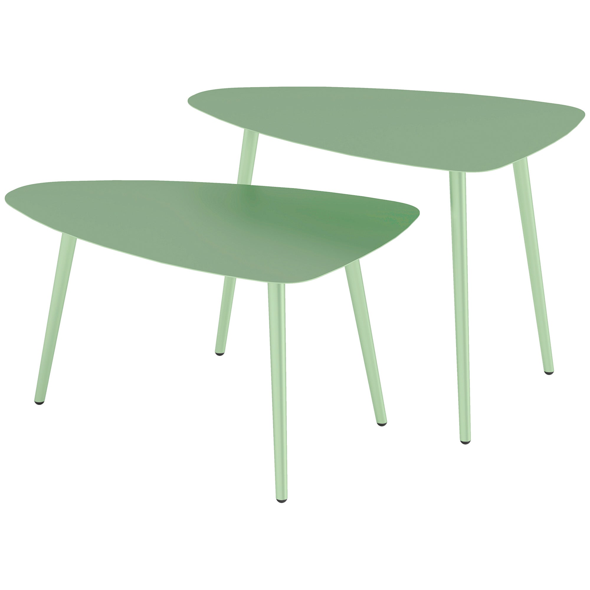 Set of 2 garden coffee tables, triangular nesting side tables, steel frame, with adjustable pads for balcony, patio, garden, light green