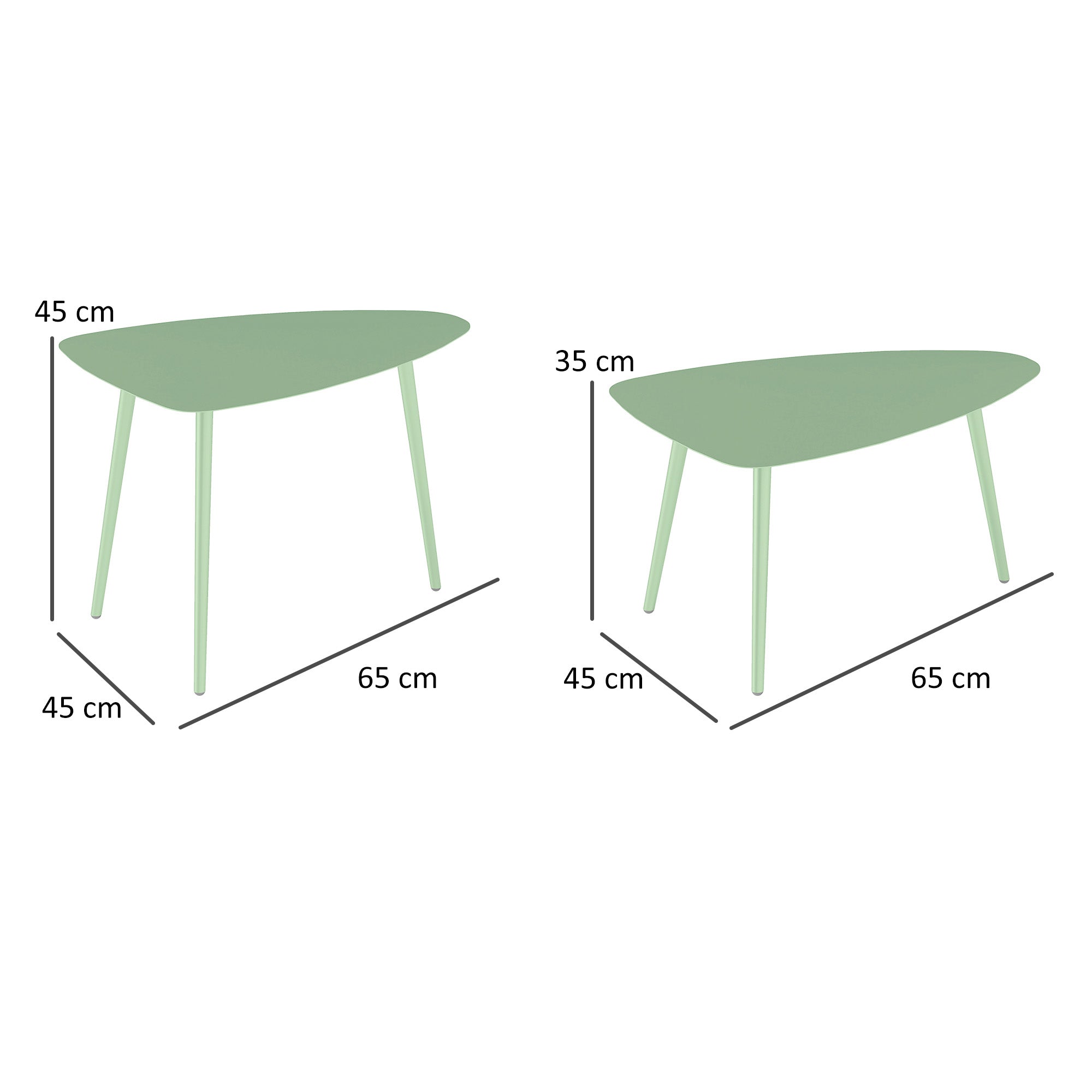 Set of 2 garden coffee tables, triangular nesting side tables, steel frame, with adjustable pads for balcony, patio, garden, light green