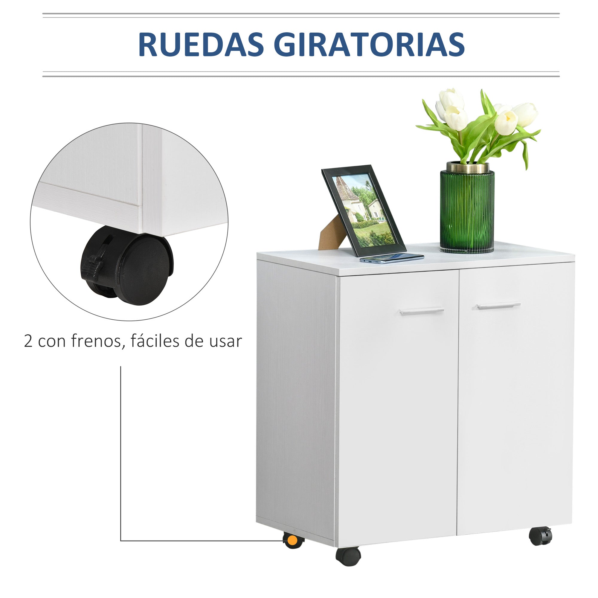 Mobile TV Stand Wooden Cabinet With Wheels and 2 Doors Console Dresser 60x35x65cm