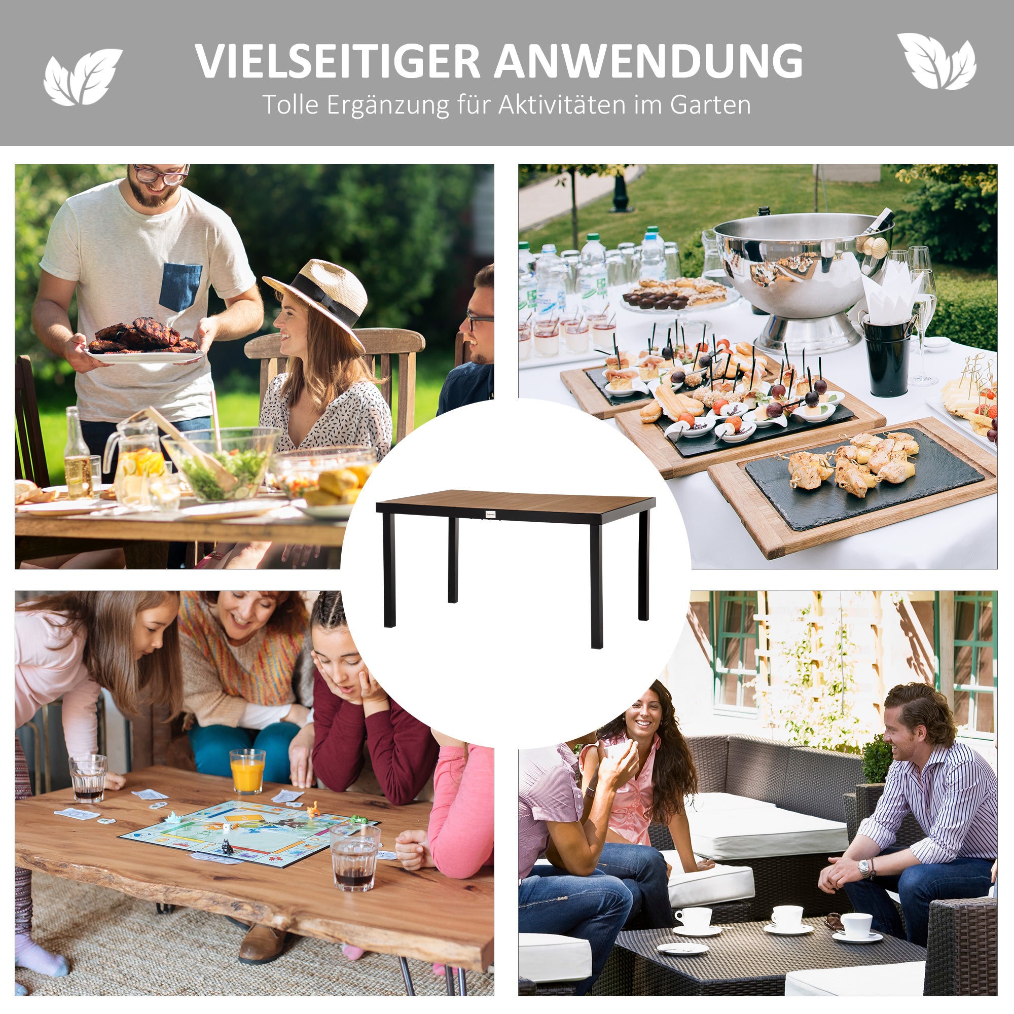 Garden Table for 6 Persons Dining Table Aluminum Table Garden Furniture Lounge Furniture Easy-care Plastic Natural+Black 140 x 90 x 74 cm