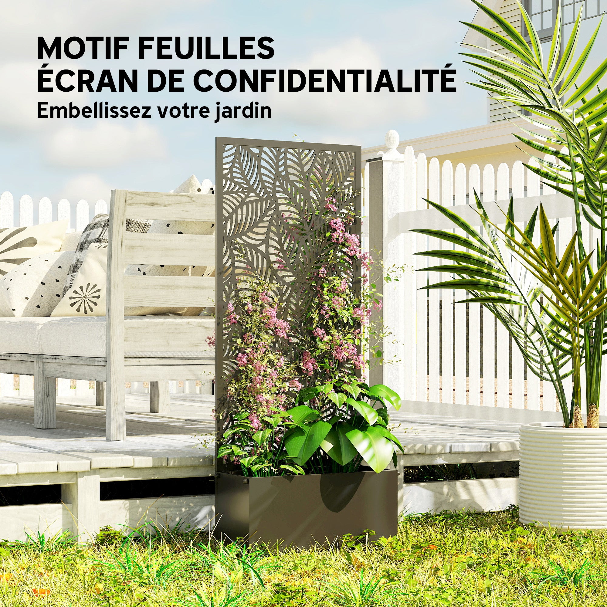 Metal Planter with Trellis — Raised Flower Bed with Privacy Screen, Leaf-Cut Design, for Climbers, Vegetables & Flowers, 45 x 21.5 x 110 cm (Black)