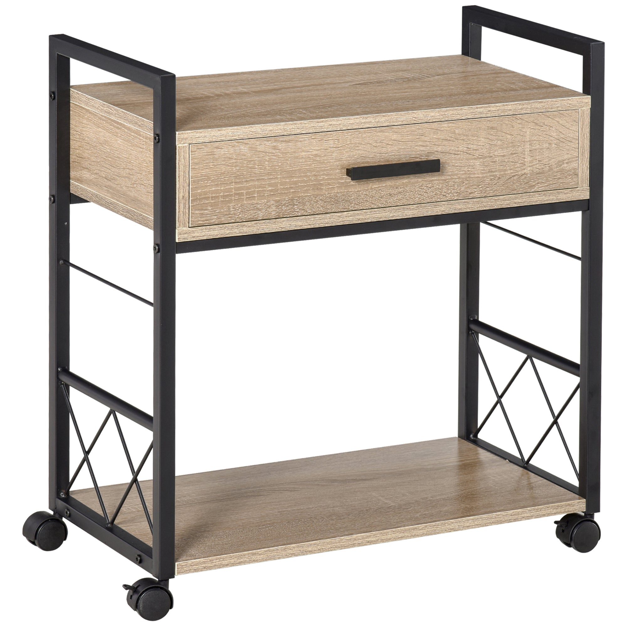 Side Table Serving Trolley with Wheels Kitchen Cart Coffee Table with Drawer Shelf Mobile Particle Board Natural 60 x 30 x 65 cm