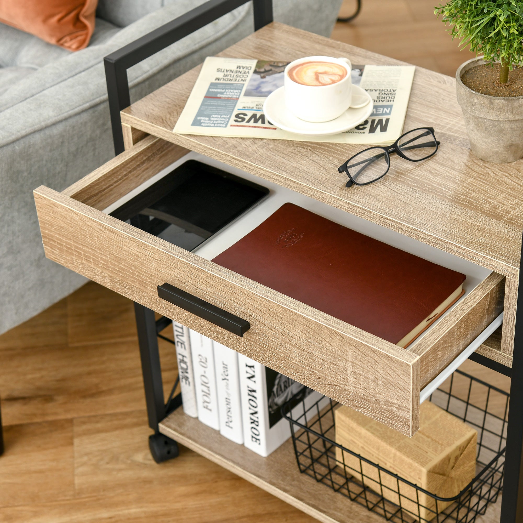 Side Table Serving Trolley with Wheels Kitchen Cart Coffee Table with Drawer Shelf Mobile Particle Board Natural 60 x 30 x 65 cm