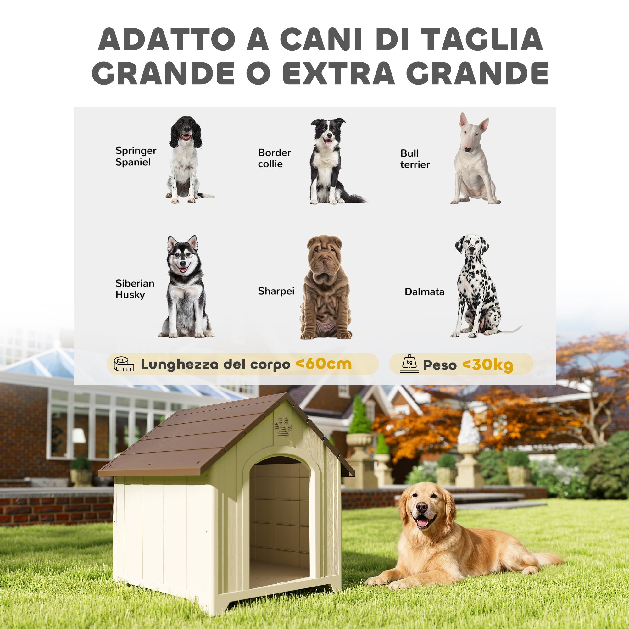 Raised Outdoor Dog House for Medium & Large Dogs — Sloped Roof, Ventilation & Ground Pegs, PP, 34.6 x 30.7 x 35.0 in (Beige/Dark Brown)
