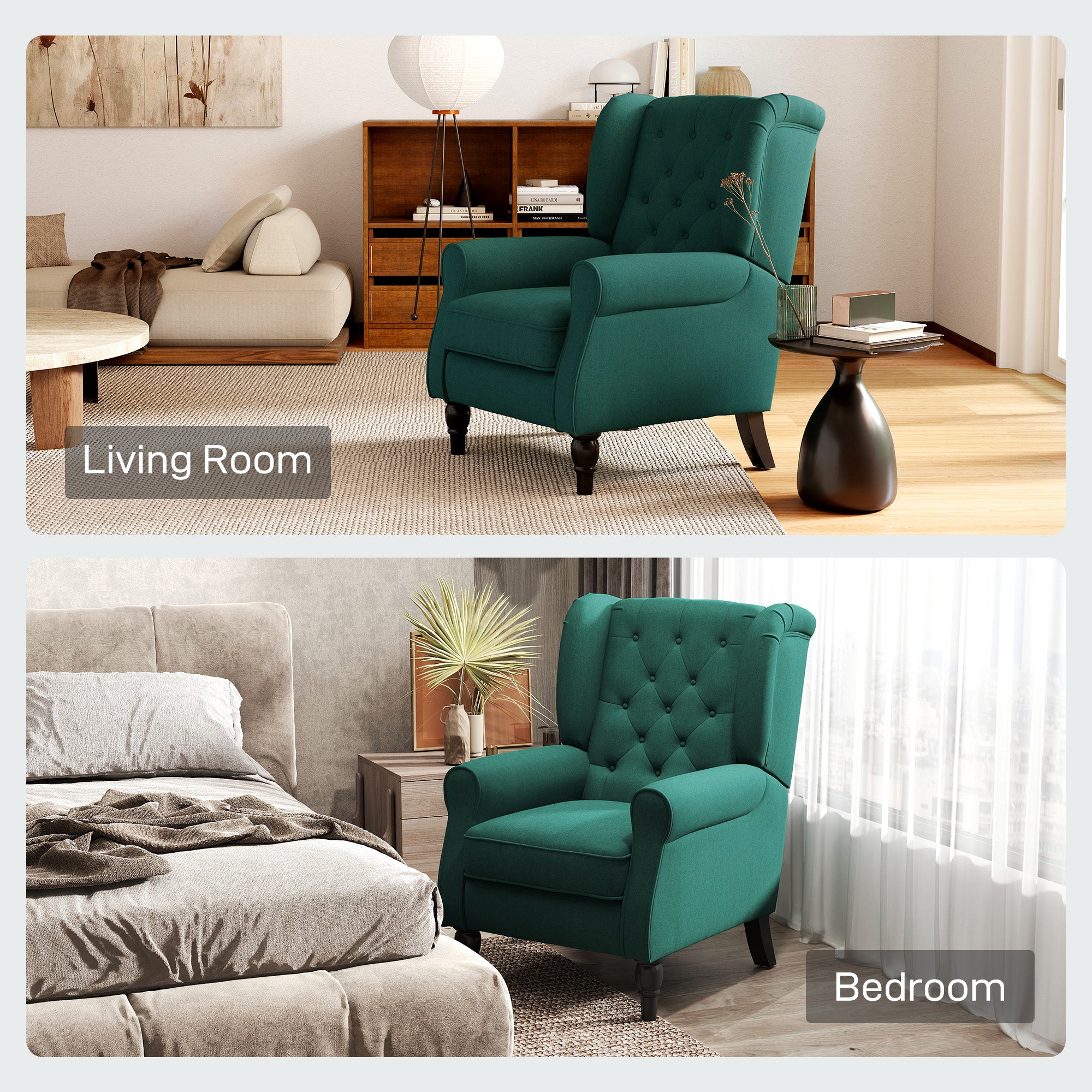 Wingback Armchair with Armrests, Tufted High-Back Lounge Chair with Cushion, Eucalyptus Wood Legs, Dark Green