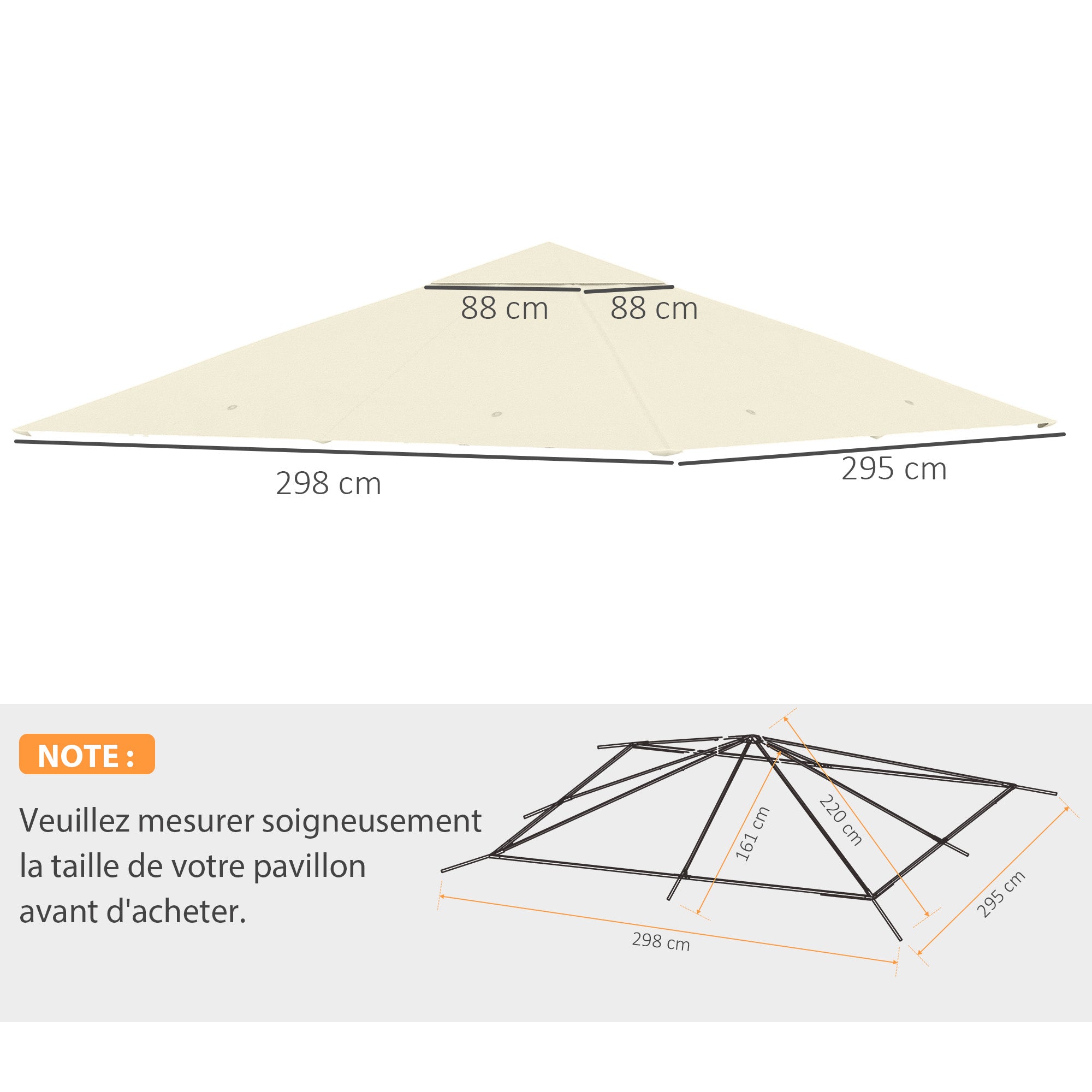 Replacement Canopy for Gazebo Pergola Tent Garden Roof Replacement Fabric High Density 180g/m² Anti-UV 3 x 3m Cream
