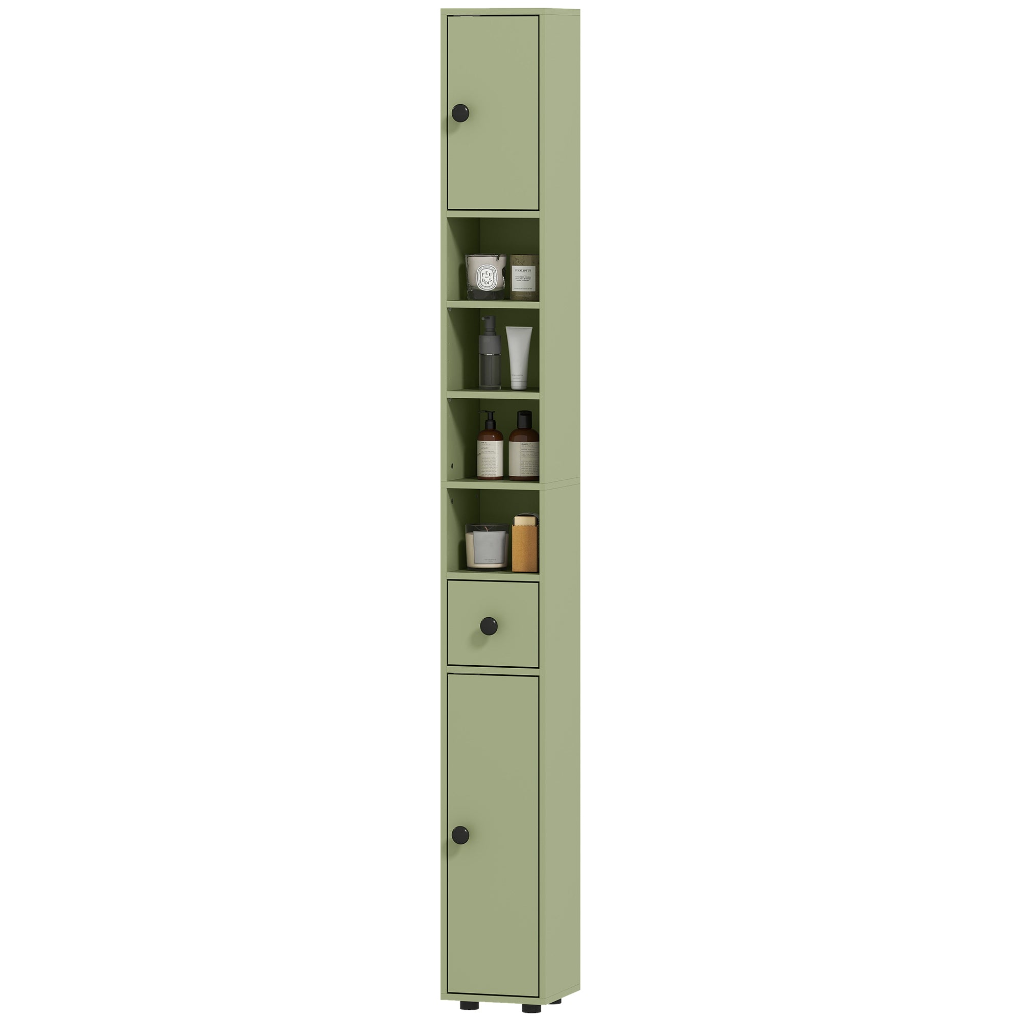 Slim Tall Bathroom Cabinet — Narrow Toilet Storage with Drawer & 4 Open Shelves, Ideal for Small Bathrooms & Living Rooms, 20 x 20 x 180 cm (7.9 x 7.9 x 71 in), Green
