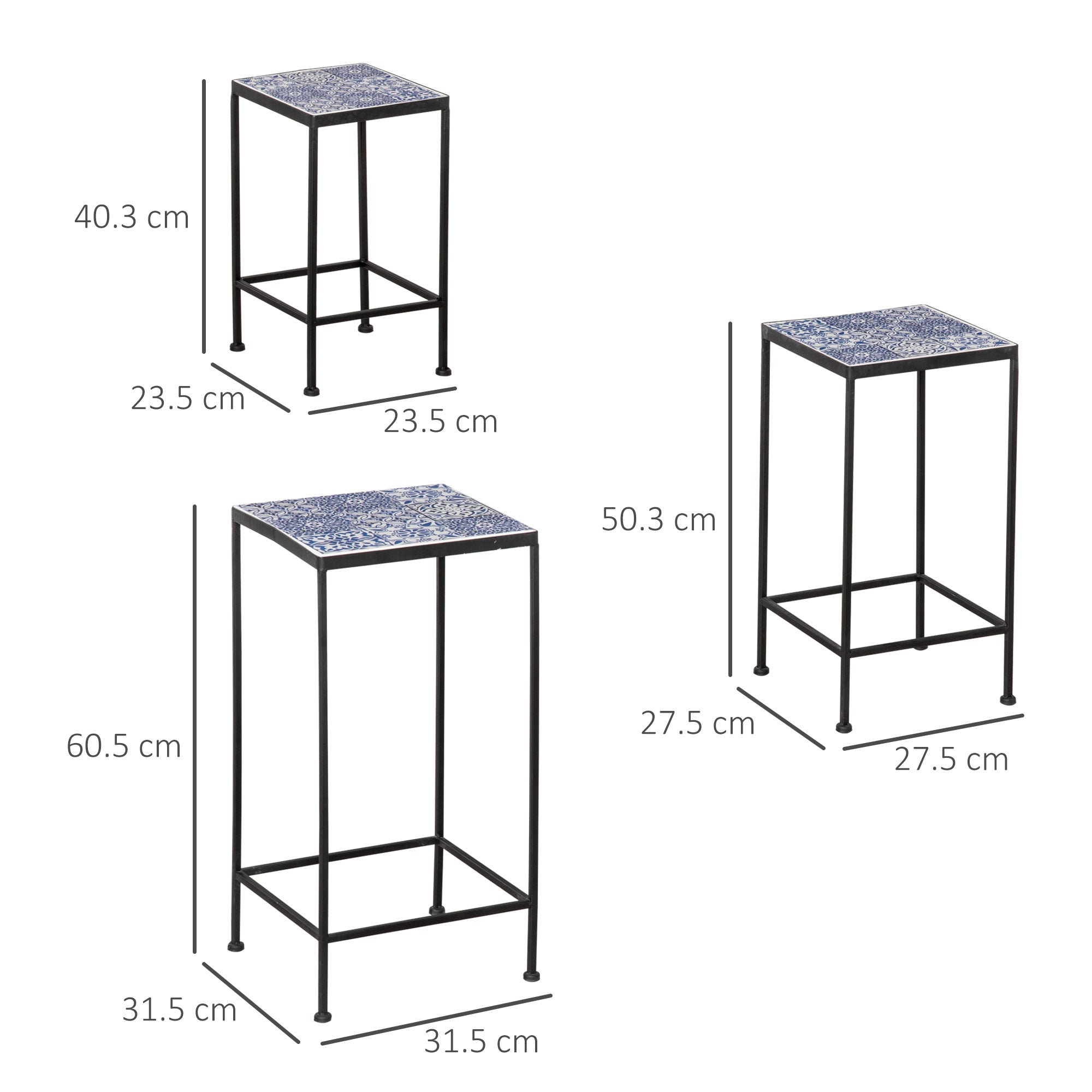 Metal Plant Stand with Floral Ceramic Tile Surface, Set of 3 Pieces for Garden and Balcony in Blue and Black