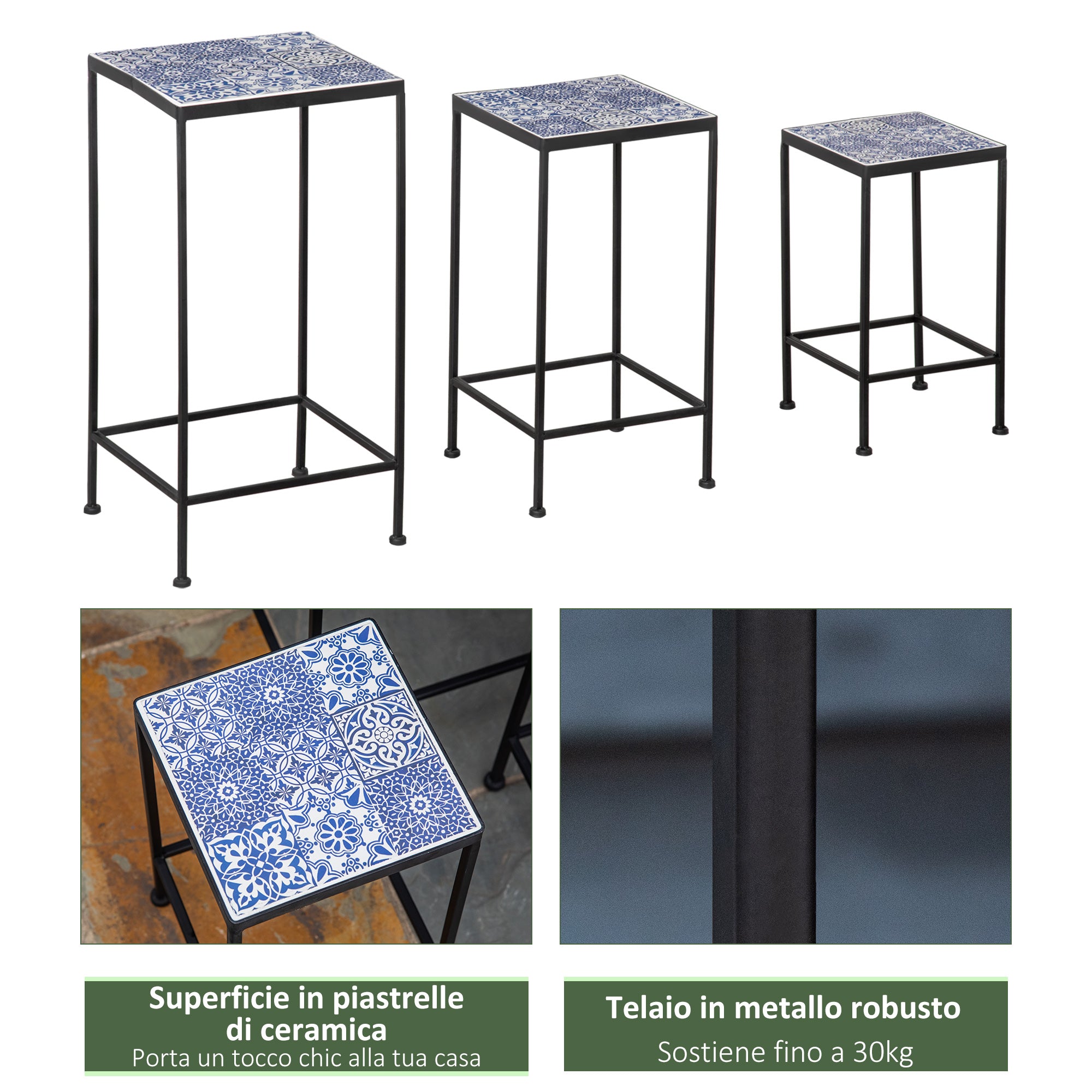 Metal Plant Stand with Floral Ceramic Tile Surface, Set of 3 Pieces for Garden and Balcony in Blue and Black