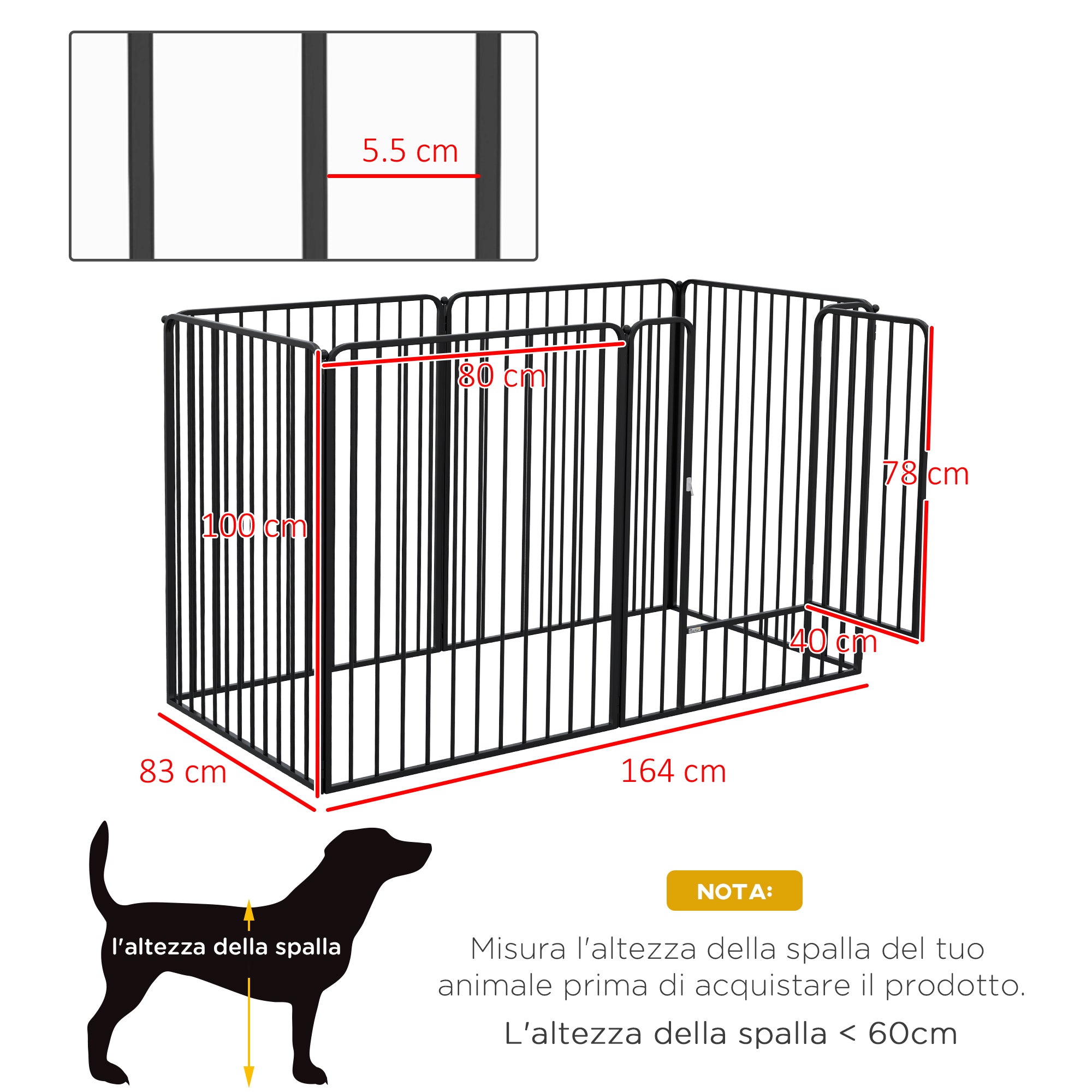 Large Size Dog Playpen with 6 Modular Panels for Indoor and Outdoor Use, Dog Gate in Steel with Door, 164x83x100 cm, Black