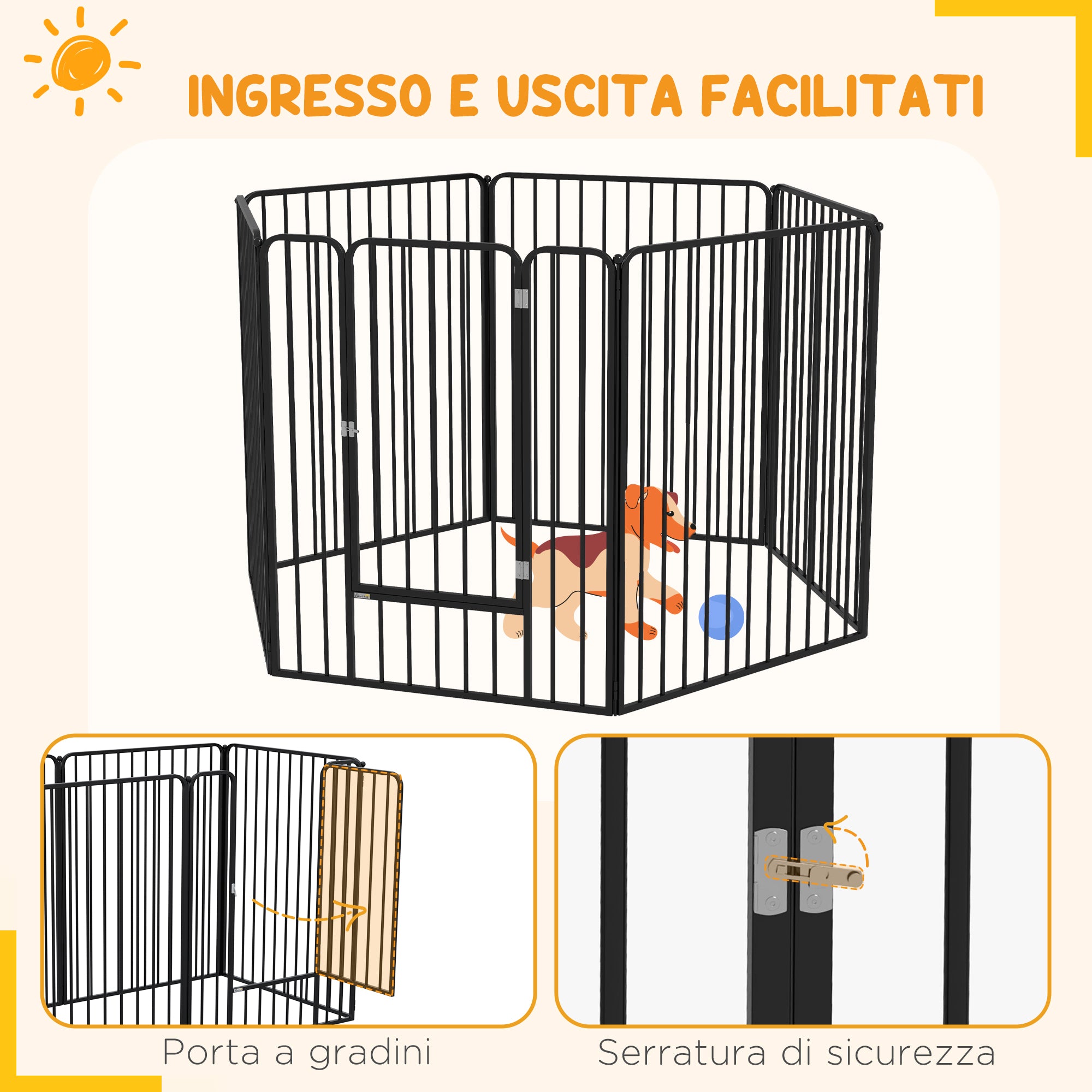 Large Size Dog Playpen with 6 Modular Panels for Indoor and Outdoor Use, Dog Gate in Steel with Door, 164x83x100 cm, Black