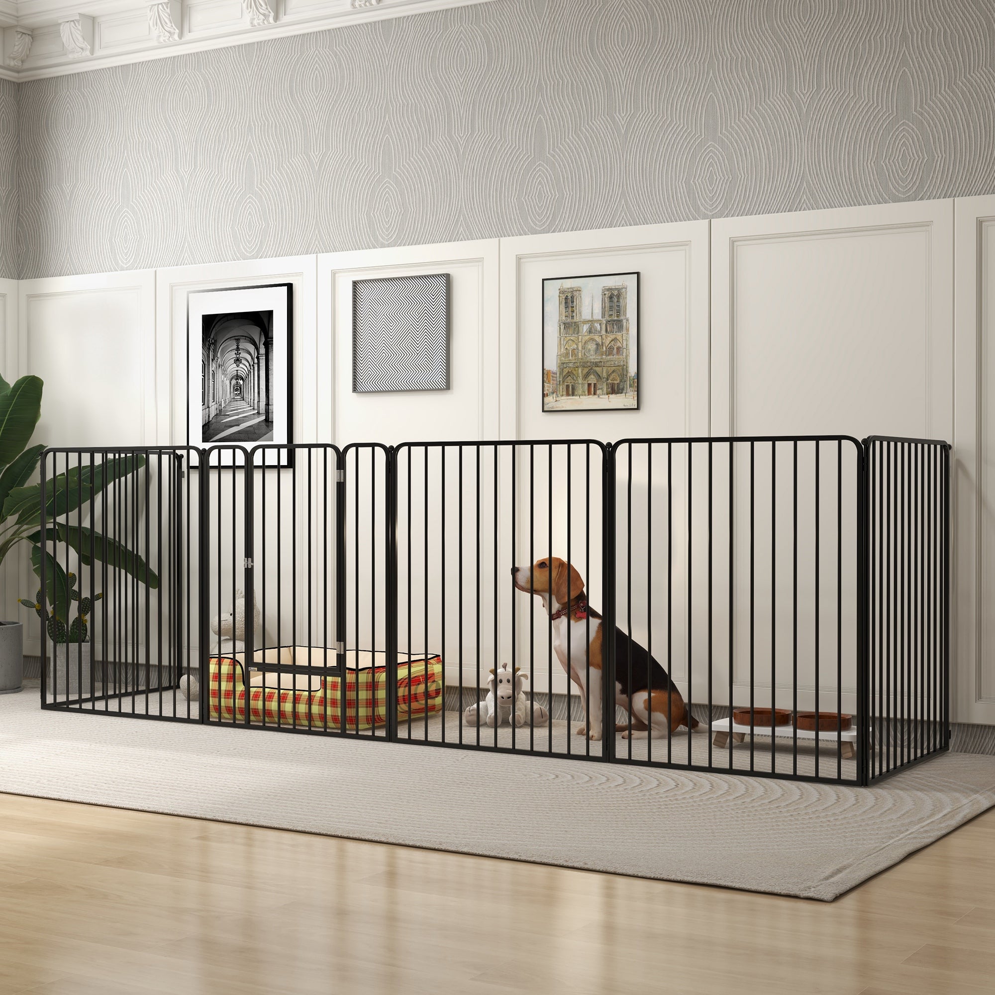 Large Size Dog Playpen with 6 Modular Panels for Indoor and Outdoor Use, Dog Gate in Steel with Door, 164x83x100 cm, Black