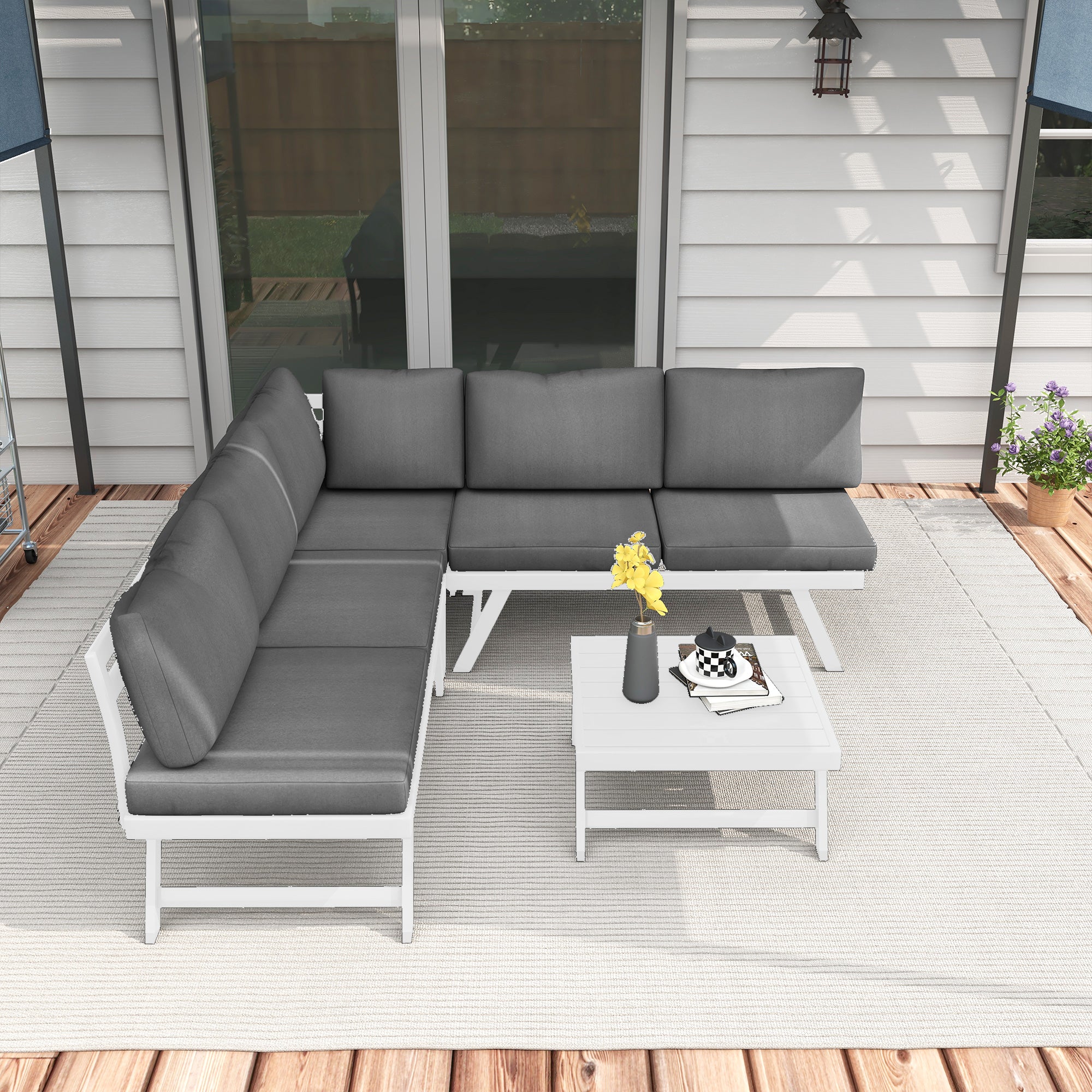 4-Piece Garden Furniture Set, Balcony Furniture Set with Corner Sofa, Loveseat, Coffee Table, Garden Lounge Set with Seat Cushions, Patio Seating Group, Gray