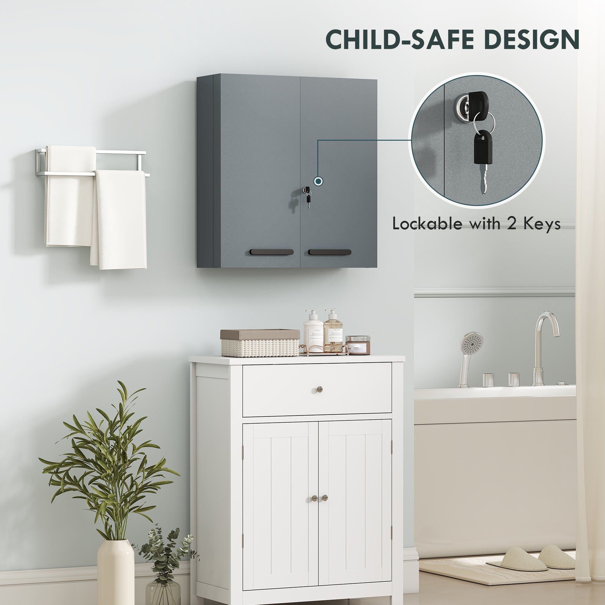 Lockable Medicine Cabinet — 2-Door Steel First-Aid Cabinet with 6 Shelves, Charcoal Gray (21.7 x 7.1 x 23.6 in)