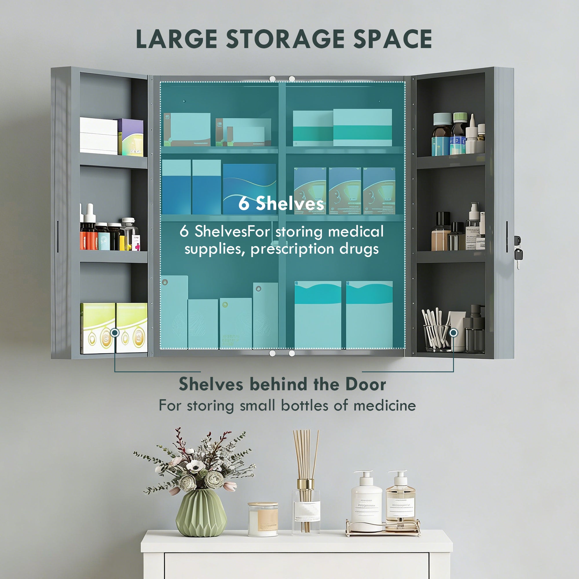 Lockable Medicine Cabinet — 2-Door Steel First-Aid Cabinet with 6 Shelves, Charcoal Gray (21.7 x 7.1 x 23.6 in)