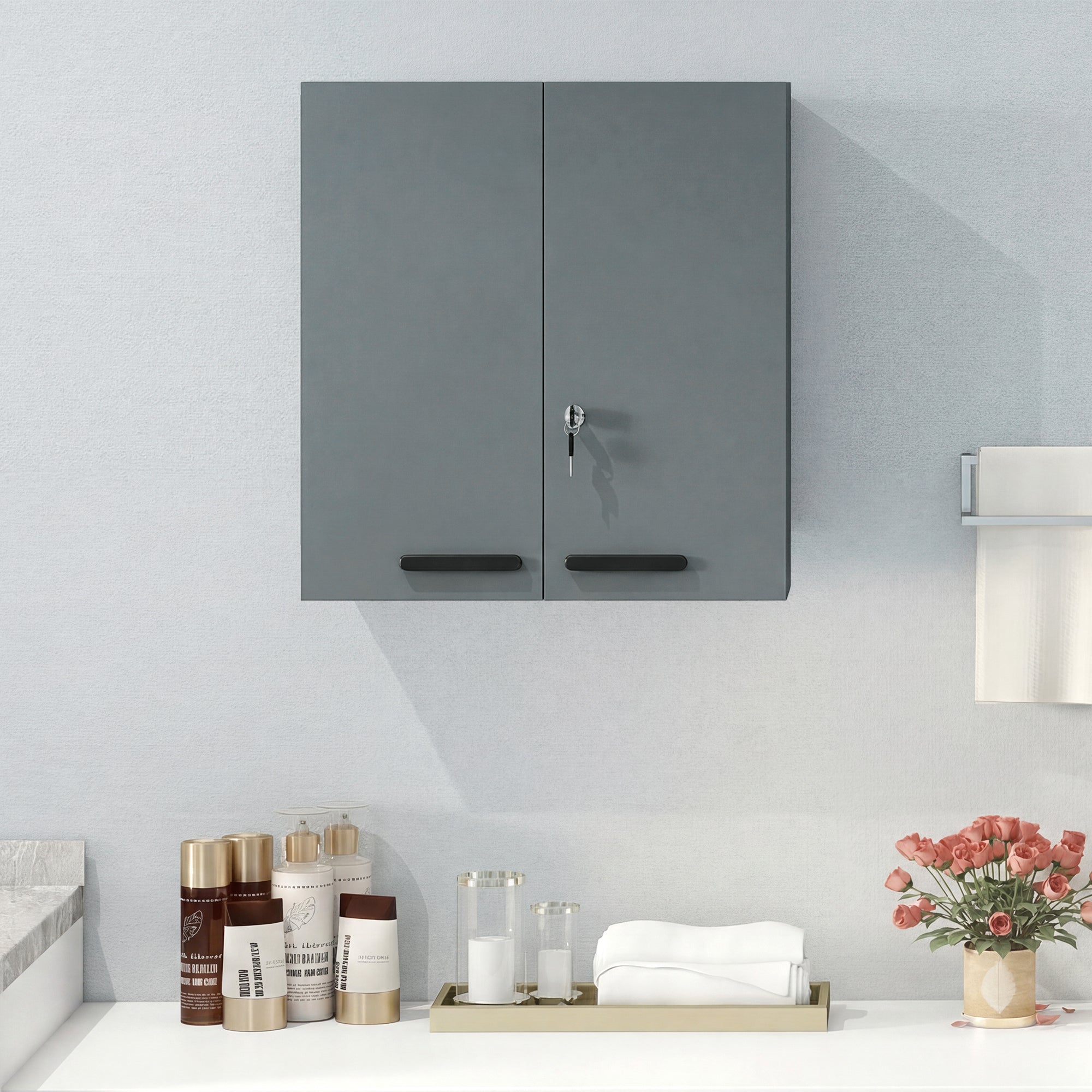 Lockable Medicine Cabinet — 2-Door Steel First-Aid Cabinet with 6 Shelves, Charcoal Gray (21.7 x 7.1 x 23.6 in)