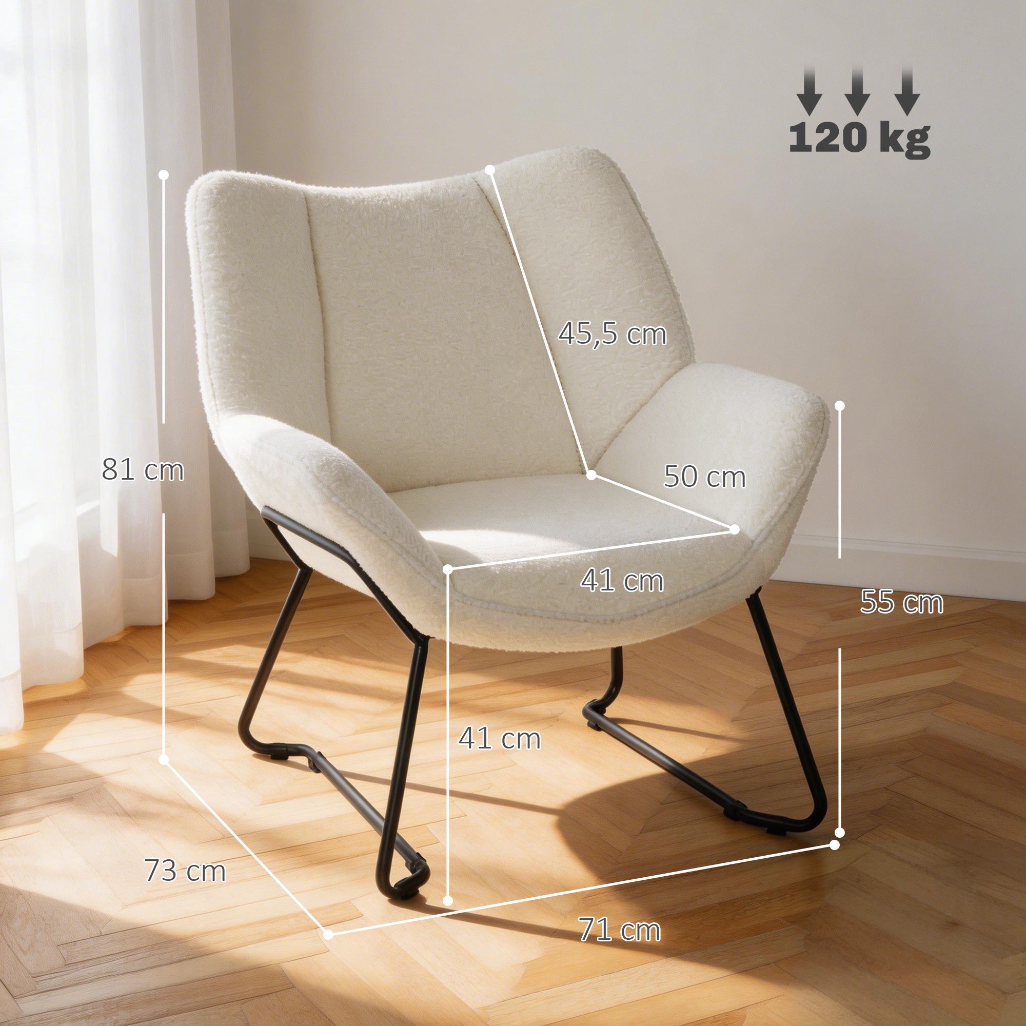 Sherpa-Fleece Lounge Chair — Modern Armchair with Armrests, Wide Back & Steel Legs, White
