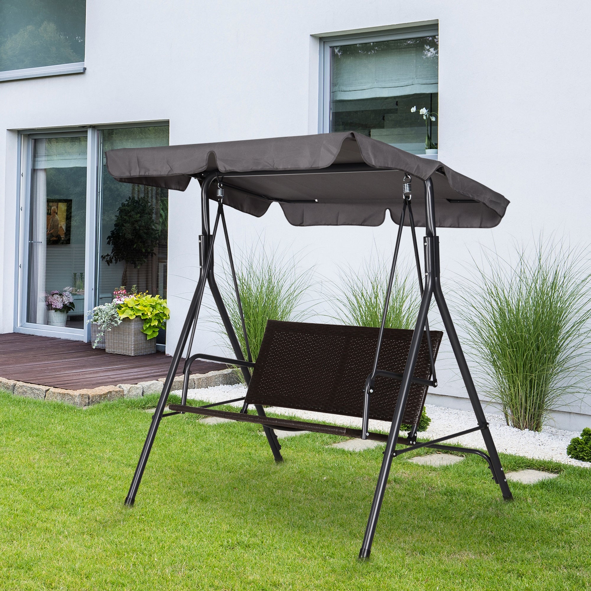 Hollywood Swing 2-Seater Garden Swing Bench Adjustable Sunshade Steel Frame Rattan 140 x 110 x 151 cm