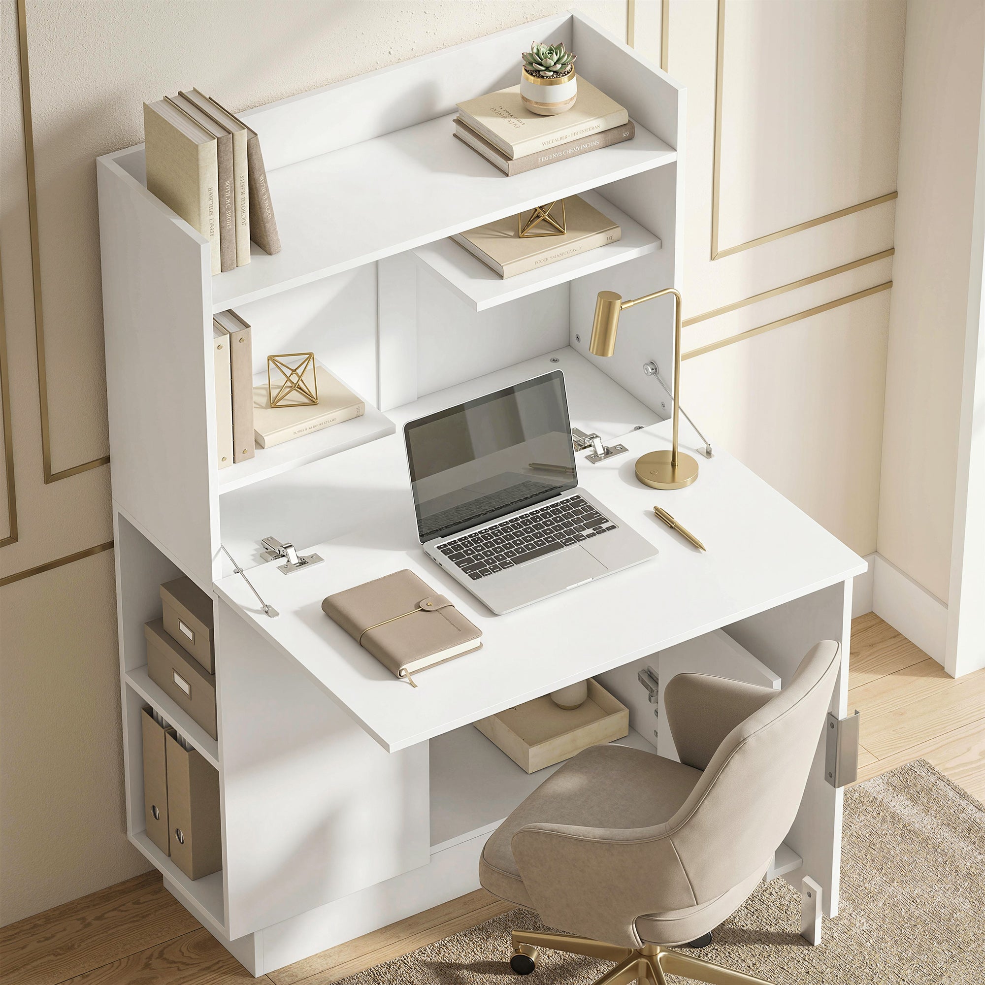 Folding Desk with Shelves & Cabinet, 31.5 x 11.8 x 50.4 in, Modern Home Office Table, White