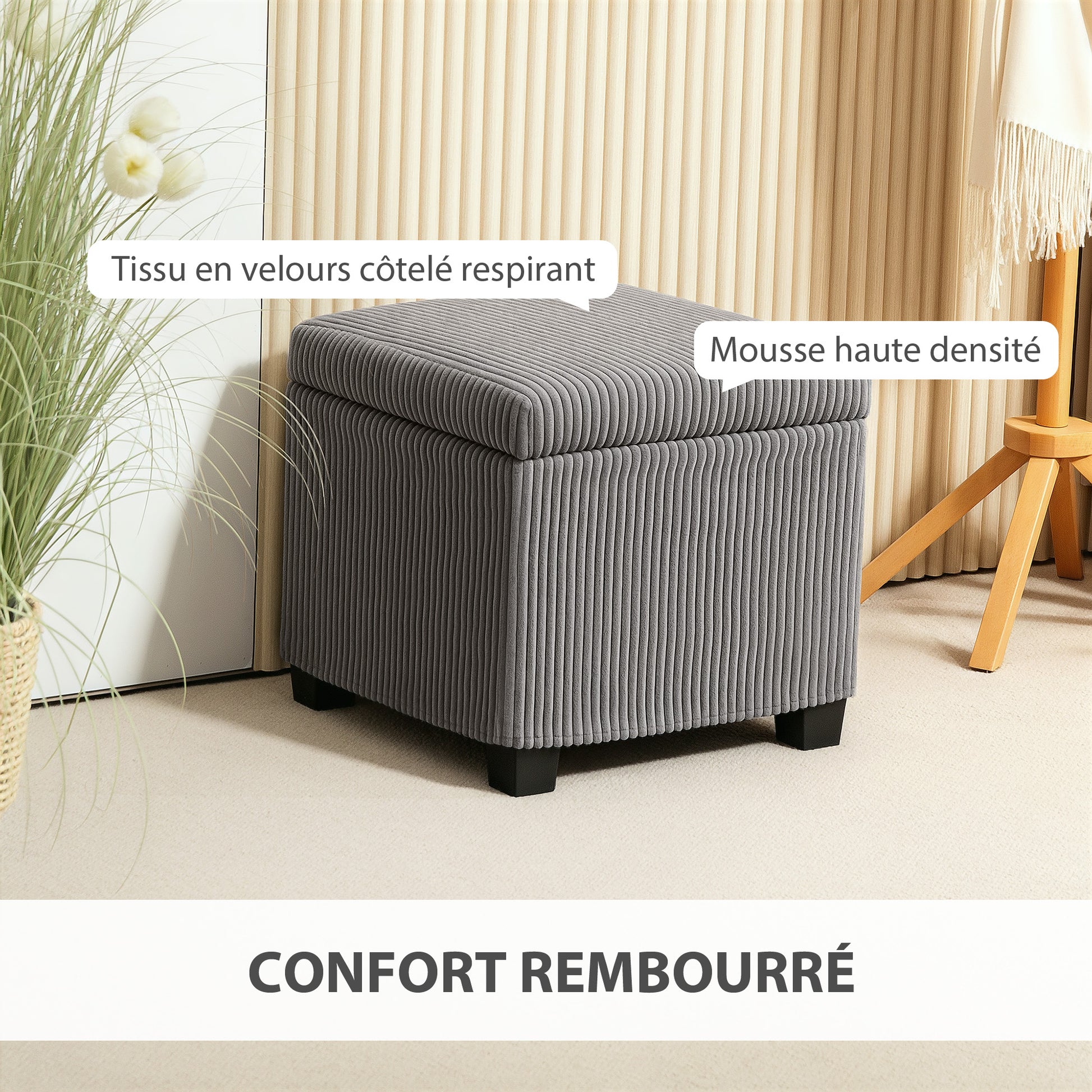 30L Storage Ottoman Cube Footrest Stool with Removable Lid, Upholstered in Corduroy Velvet, for Living Room Bedroom Entryway, Holds up to 120 Kg, 40 x 40 x 40 cm, Gray