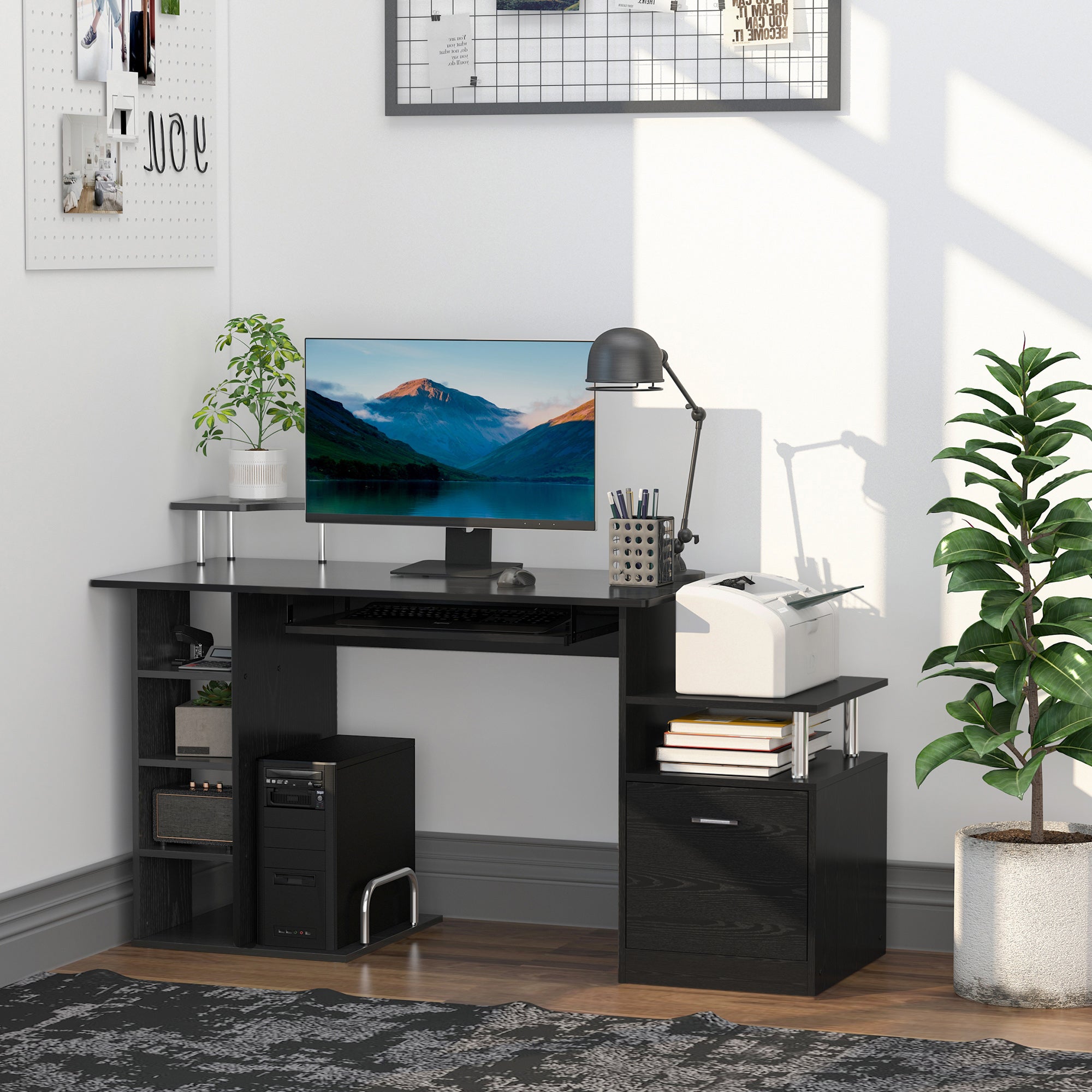Computer Desk Writing Desk with 6 Shelves Drawer Keyboard Tray and Monitor Printer Stand for Office Study 152x60x88 cm Black