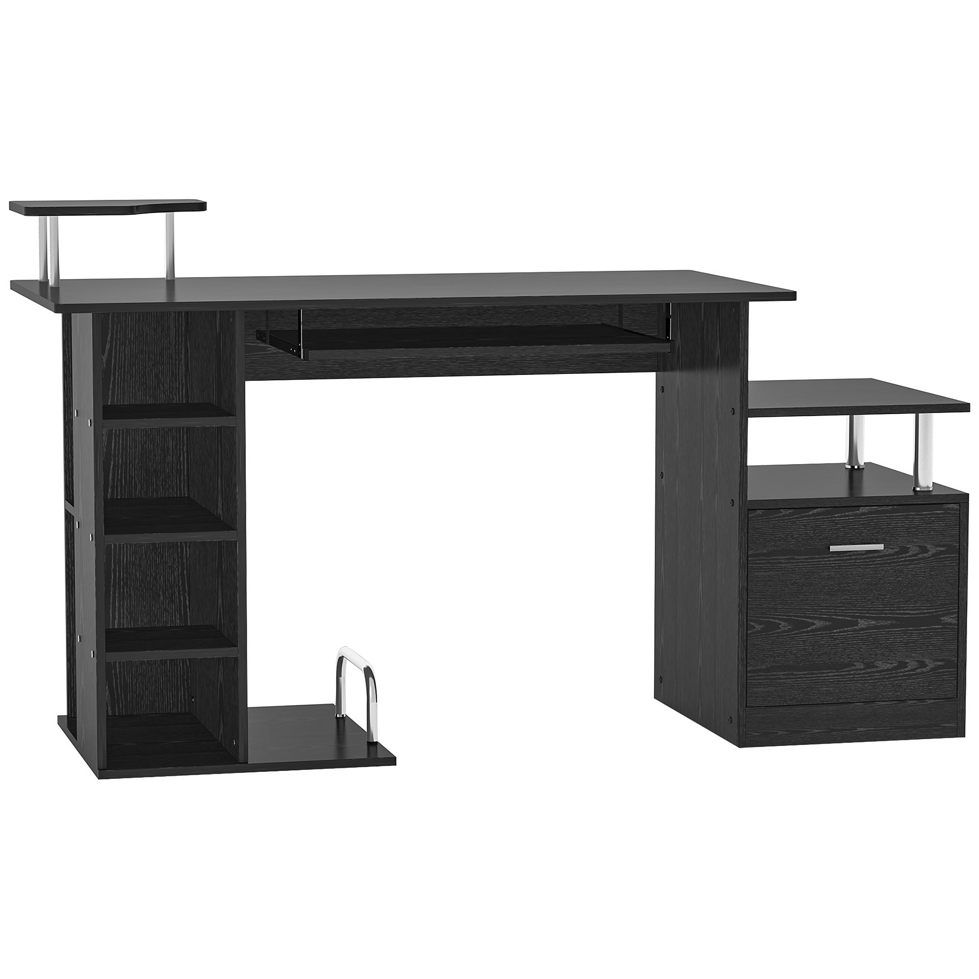 Computer Desk Writing Desk with 6 Shelves Drawer Keyboard Tray and Monitor Printer Stand for Office Study 152x60x88 cm Black