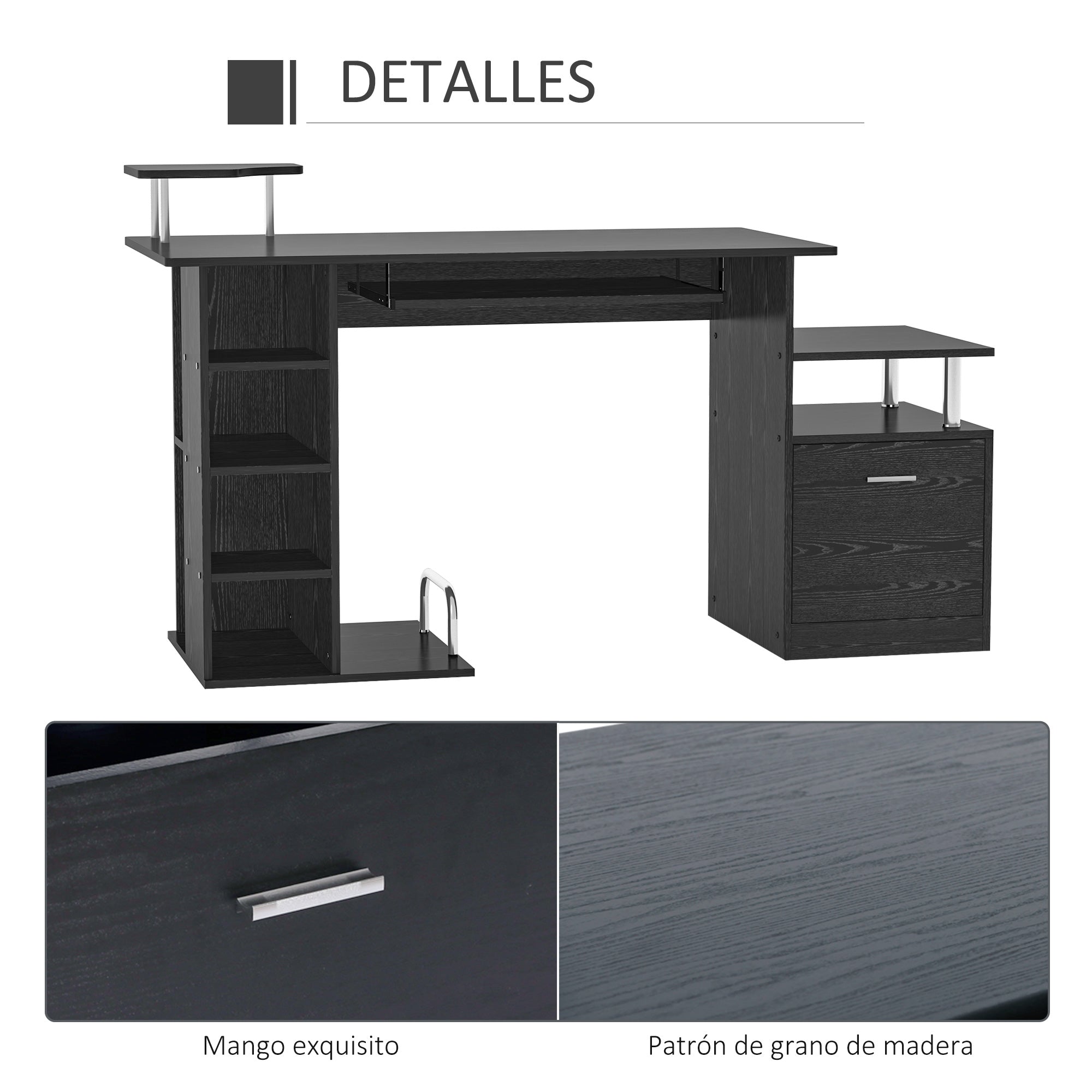 Computer Desk Writing Desk with 6 Shelves Drawer Keyboard Tray and Monitor Printer Stand for Office Study 152x60x88 cm Black
