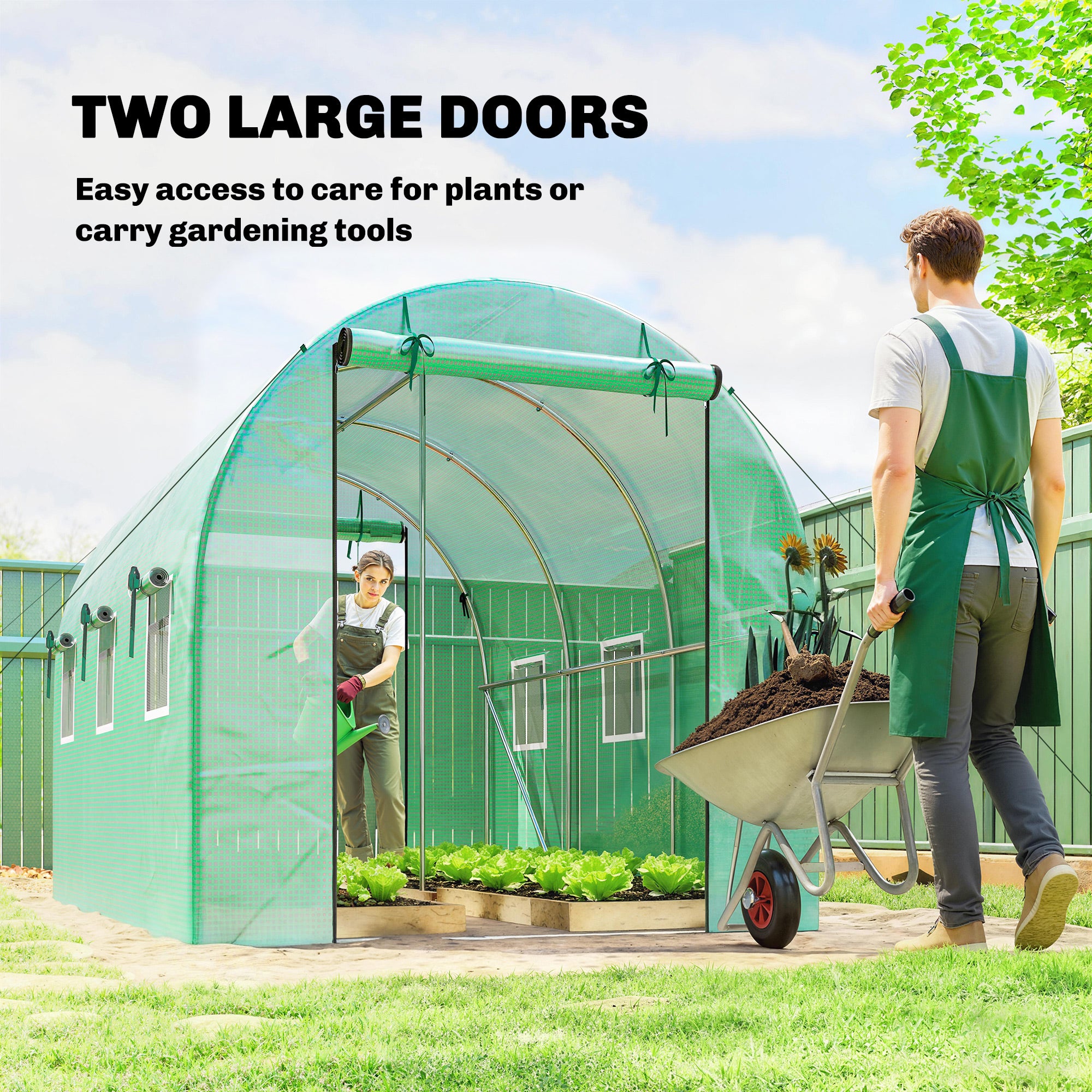 Tunnel Greenhouse 3 x 2 x 2 m with PE Cover, 2 Roll-Up Zip Doors & 6 Mesh Windows, Support Bars, Extended Hems, UV-Protected – Green