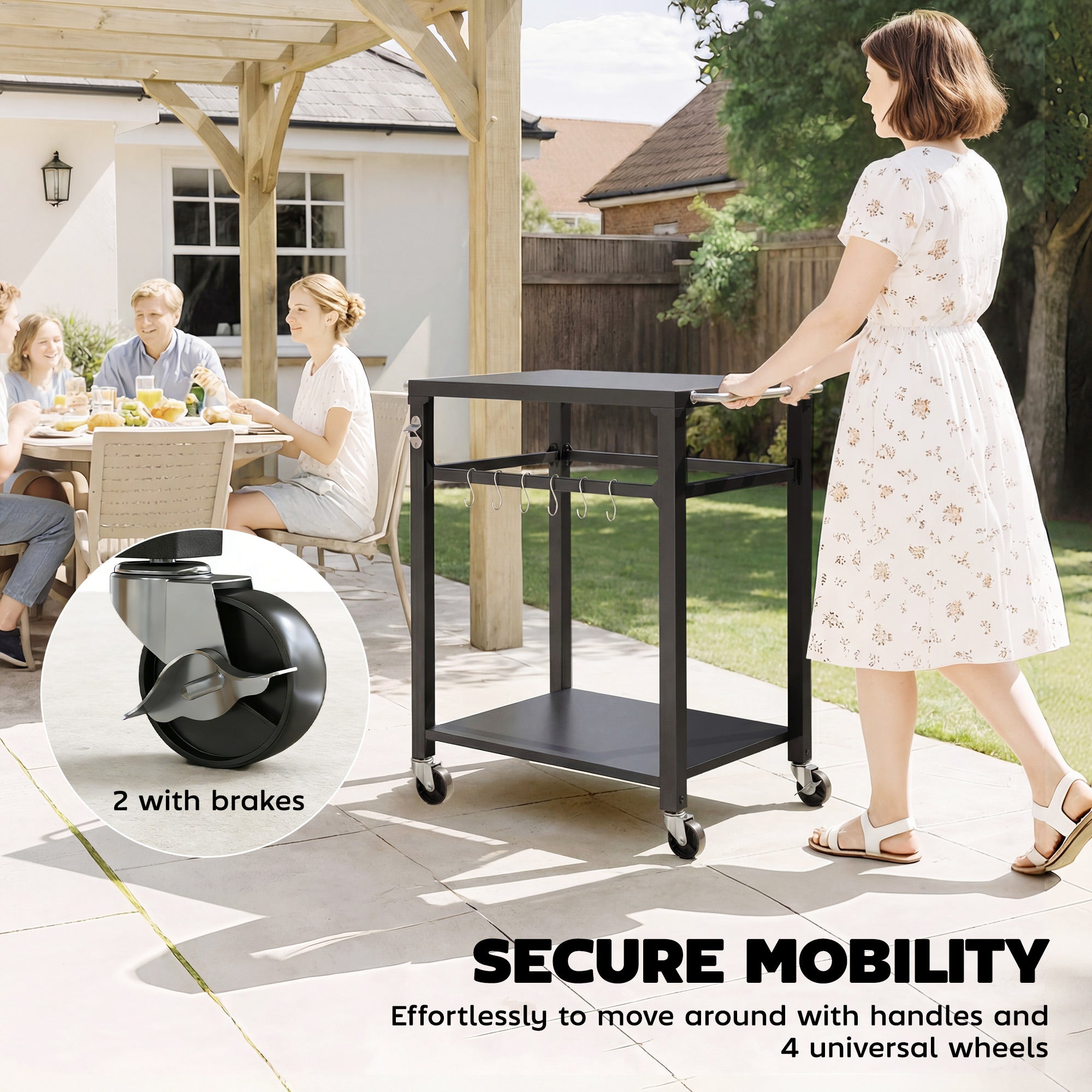 Outdoor Grill Cart — Pizza Oven Stand with Metal Worktop, 2-Tier Rolling Kitchen Station with Hooks, Handle & Locking Wheels, Black