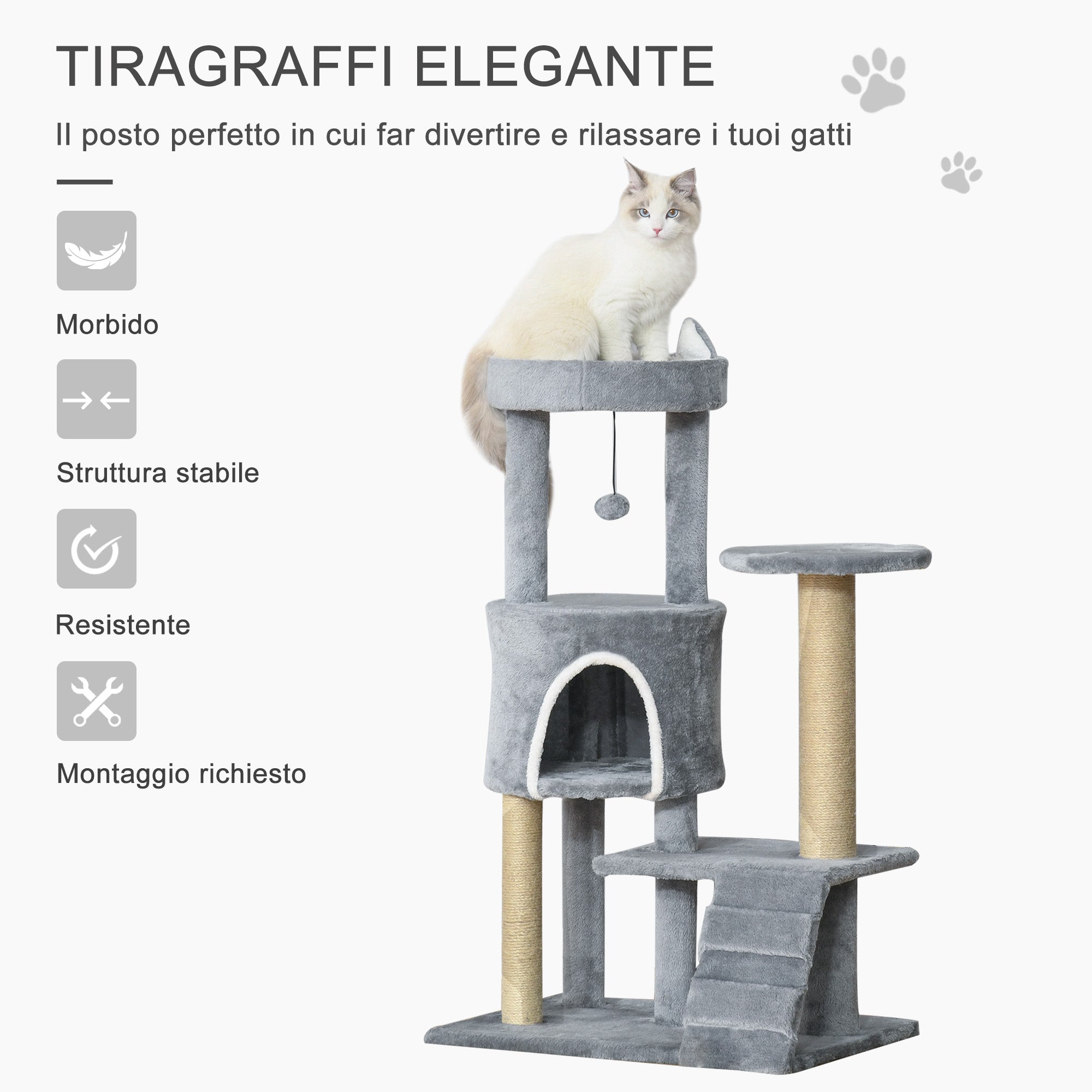 Cat Scratching Tree with Perch, House, Ramp, and Toy Ball, Cat Gym, Cat Tower in Chipboard, Jute, and Plush, 60x40x100 cm, Light Grey