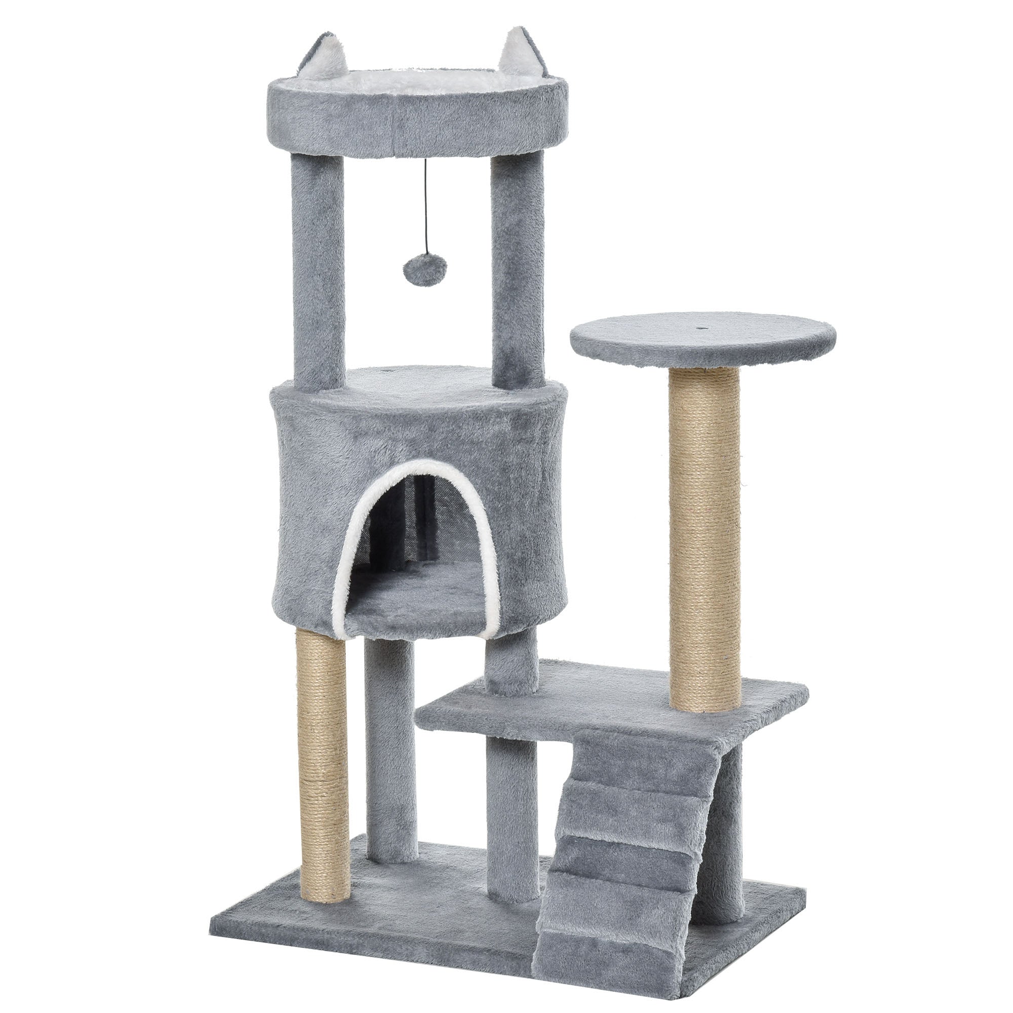 Cat Scratching Tree with Perch, House, Ramp, and Toy Ball, Cat Gym, Cat Tower in Chipboard, Jute, and Plush, 60x40x100 cm, Light Grey