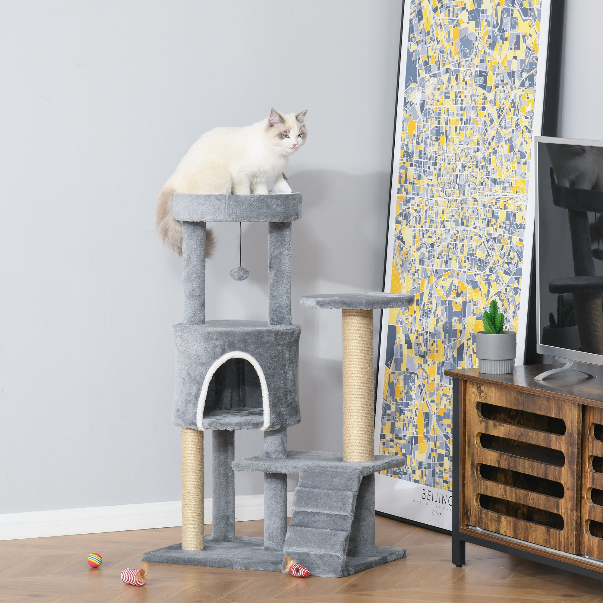 Cat Scratching Tree with Perch, House, Ramp, and Toy Ball, Cat Gym, Cat Tower in Chipboard, Jute, and Plush, 60x40x100 cm, Light Grey