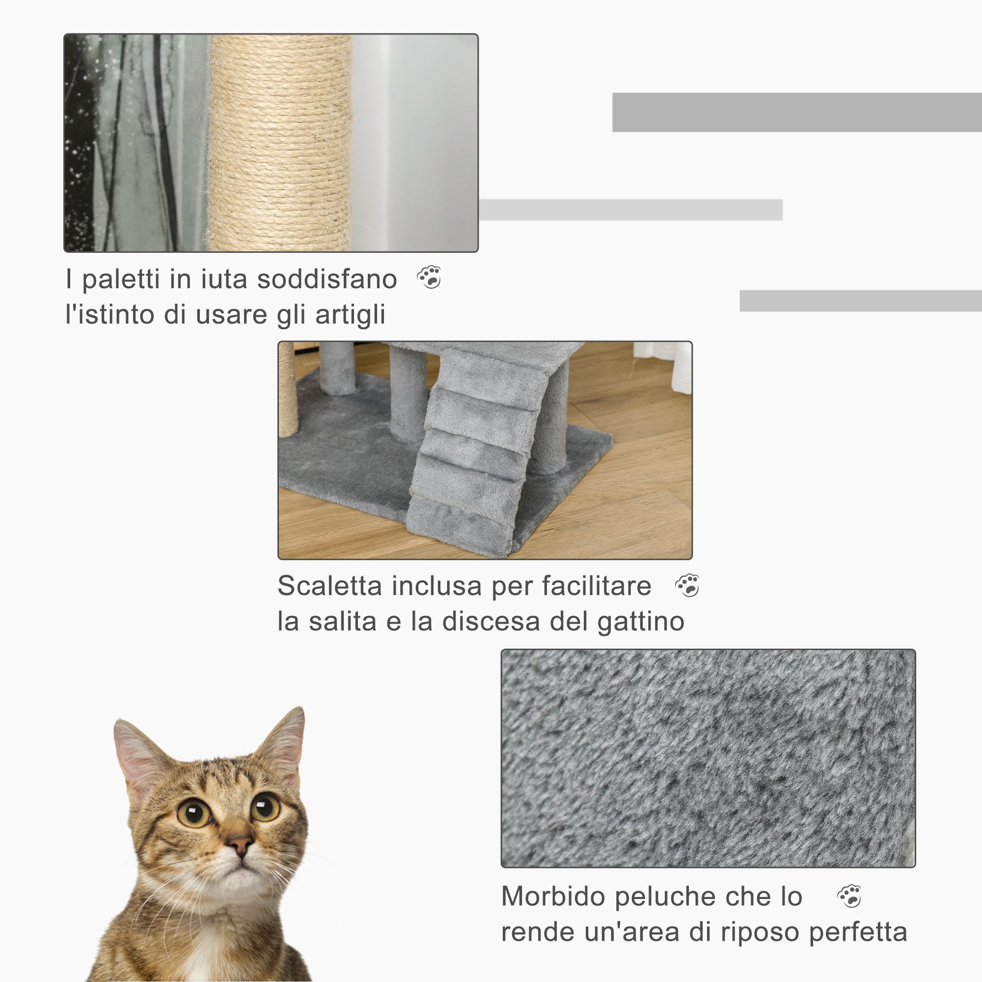 Cat Scratching Tree with Perch, House, Ramp, and Toy Ball, Cat Gym, Cat Tower in Chipboard, Jute, and Plush, 60x40x100 cm, Light Grey