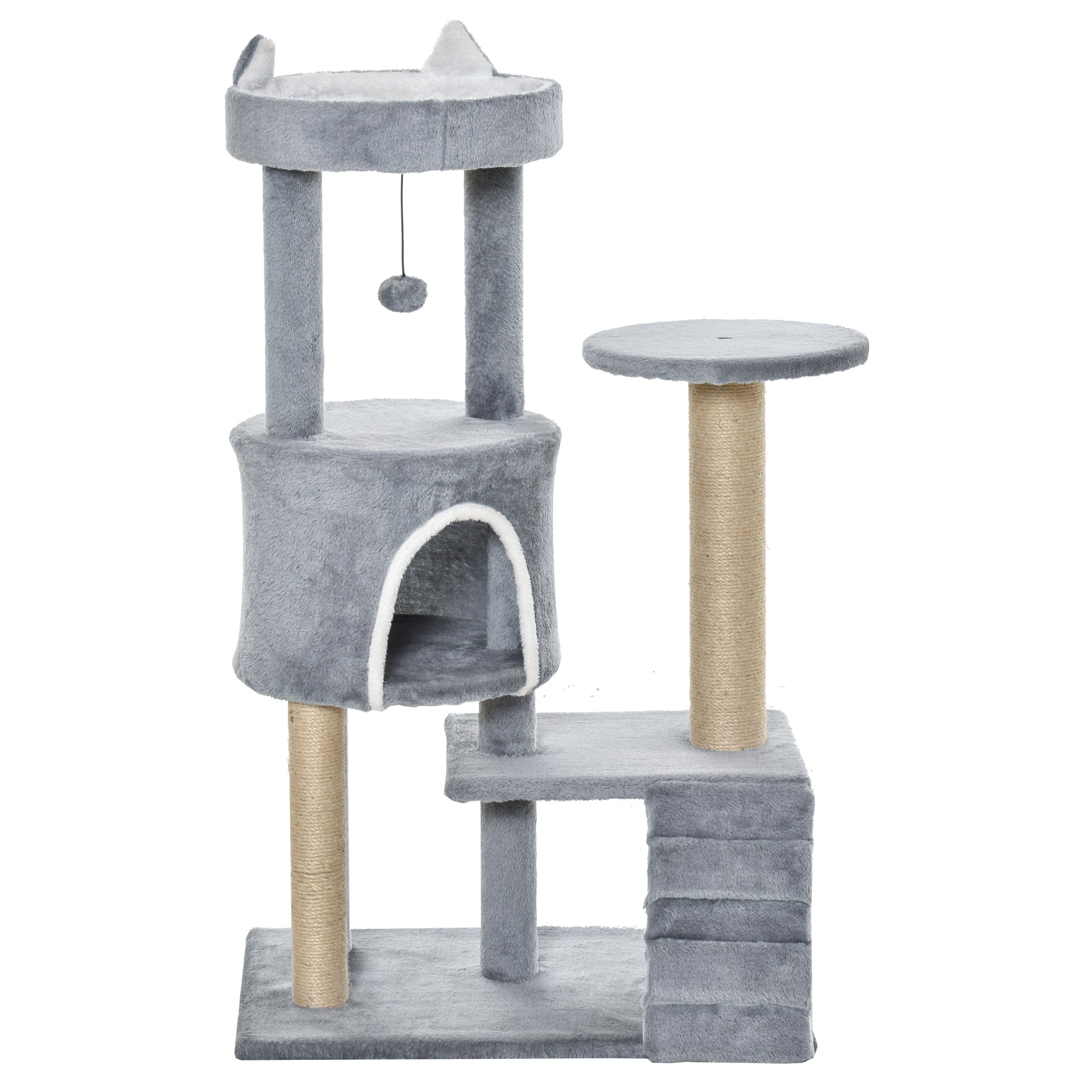 Cat Scratching Tree with Perch, House, Ramp, and Toy Ball, Cat Gym, Cat Tower in Chipboard, Jute, and Plush, 60x40x100 cm, Light Grey