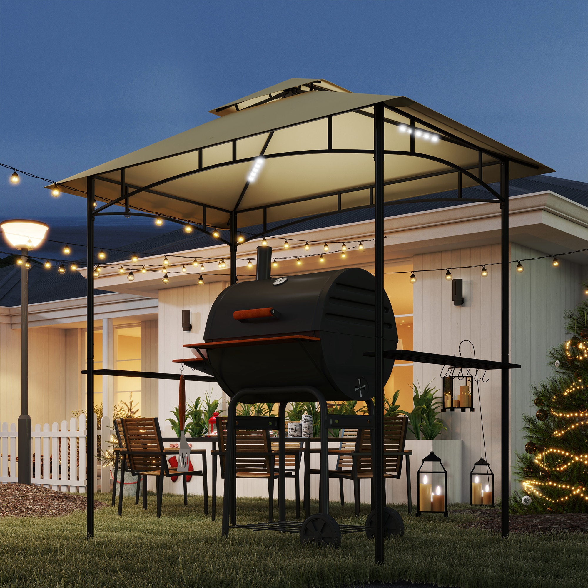 Grill Gazebo with LED 240 x 150 x 258 cm water-repellent flame-retardant garden arbor with double-layer roof, side shelves, pergola with UV protection, BBQ gazebo for party BBQ Beige