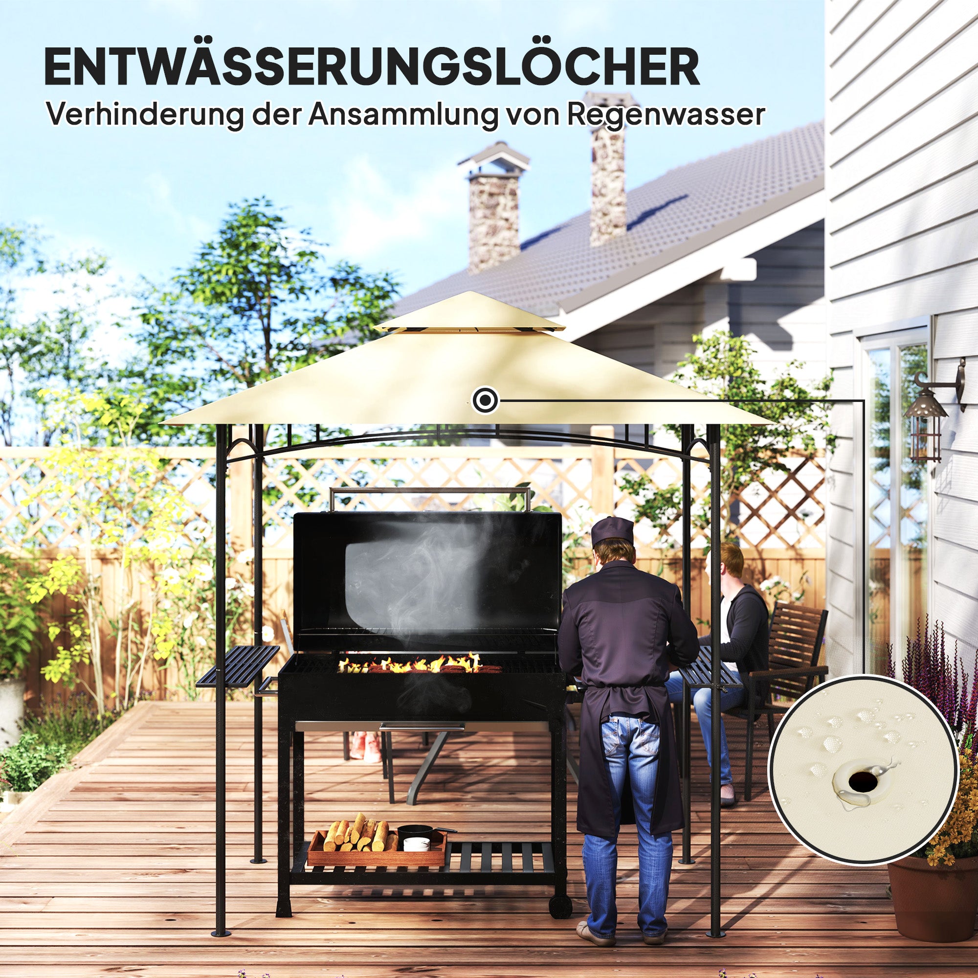 Grill Gazebo with LED 240 x 150 x 258 cm water-repellent flame-retardant garden arbor with double-layer roof, side shelves, pergola with UV protection, BBQ gazebo for party BBQ Beige