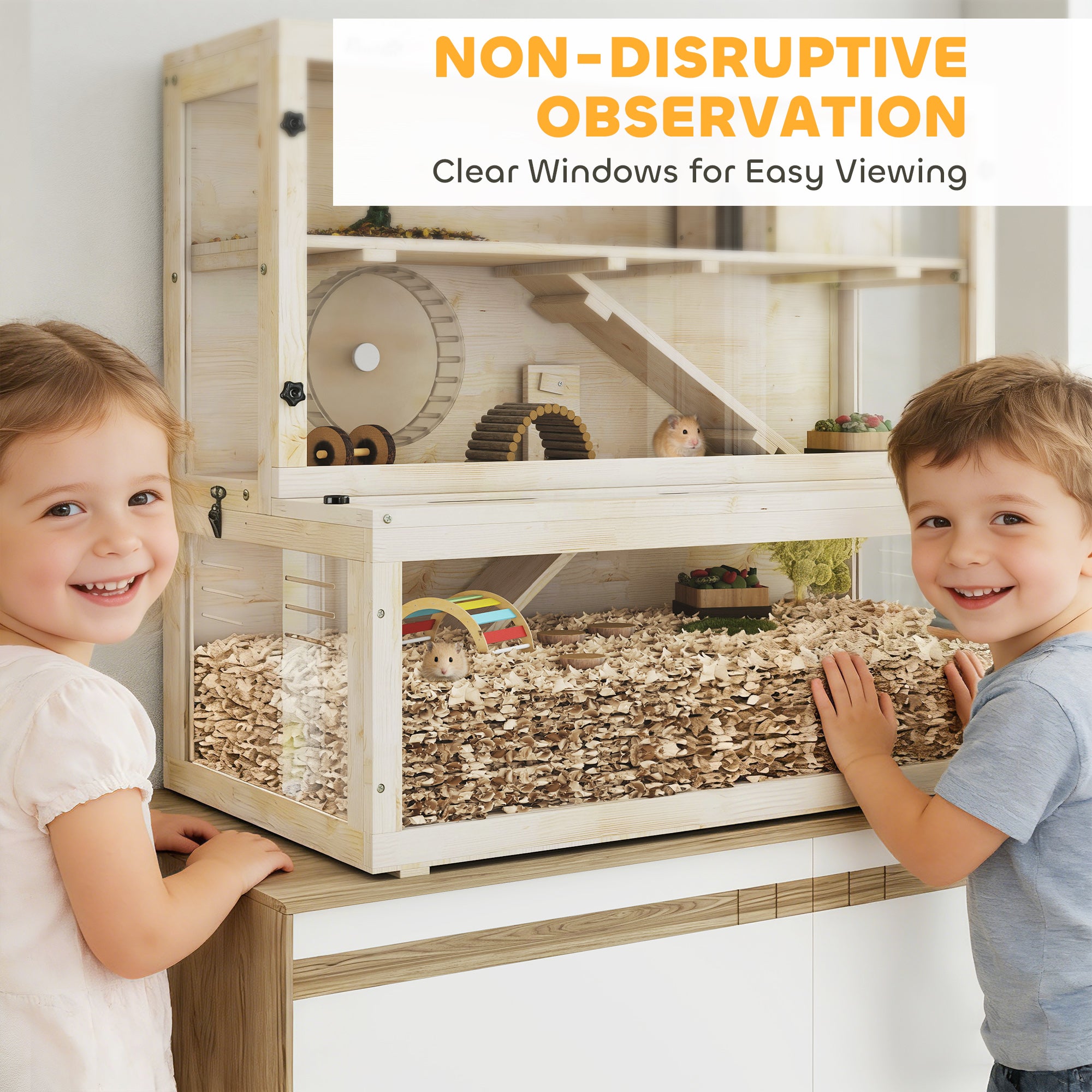 Wooden Hamster Cage, 100 x 50 x 84 cm (39.4 x 19.7 x 33.1 in) – 3-Tier Small Animal Hutch with Viewing Window, Running Wheel, Ramp & House – Natural Wood