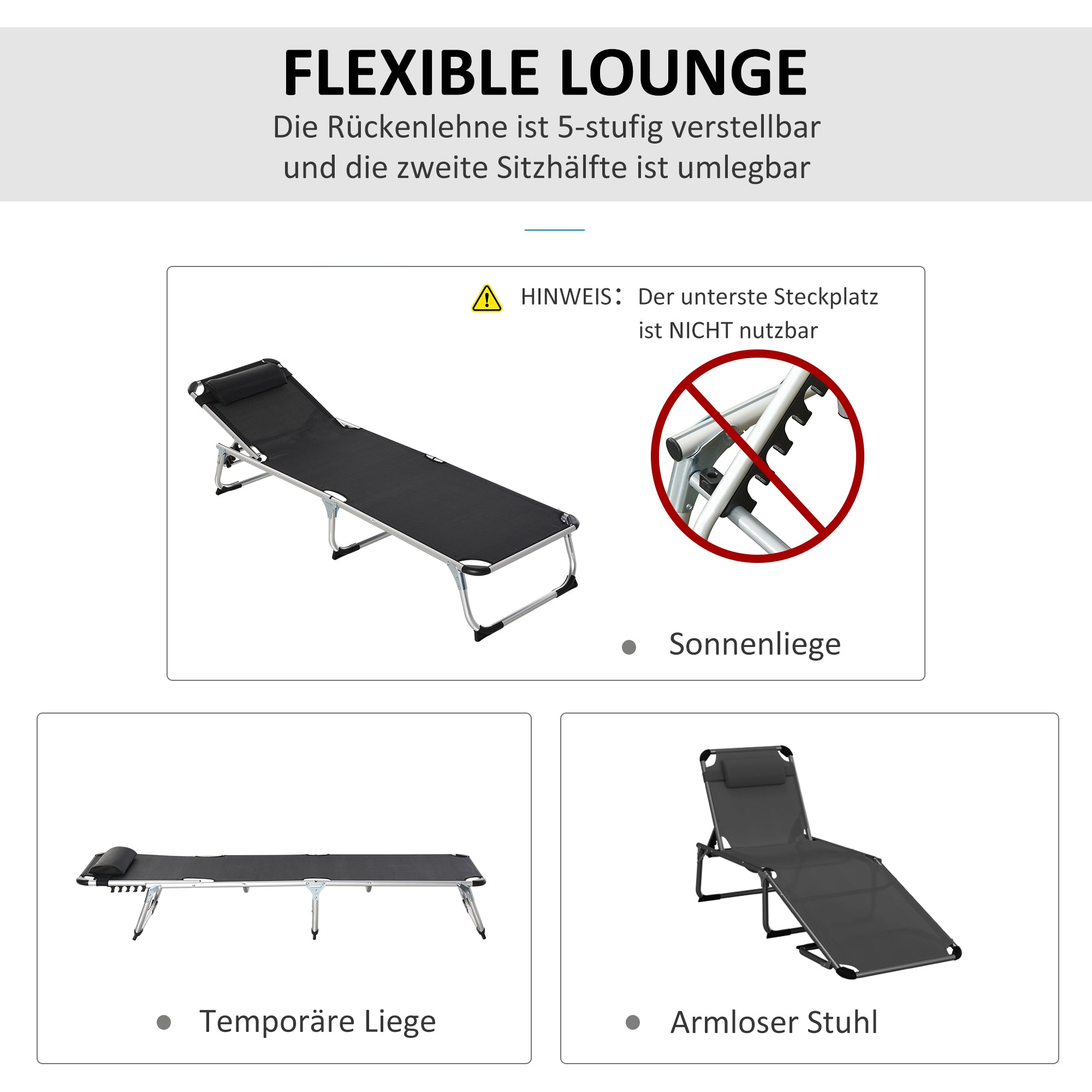 Folding Sun Lounger Garden Lounger with Head Pillow Recliner with 4-stage Adjustable Backrest Camping Lounger up to 120 kg Load Capacity for Outdoor Park, Garden, Black