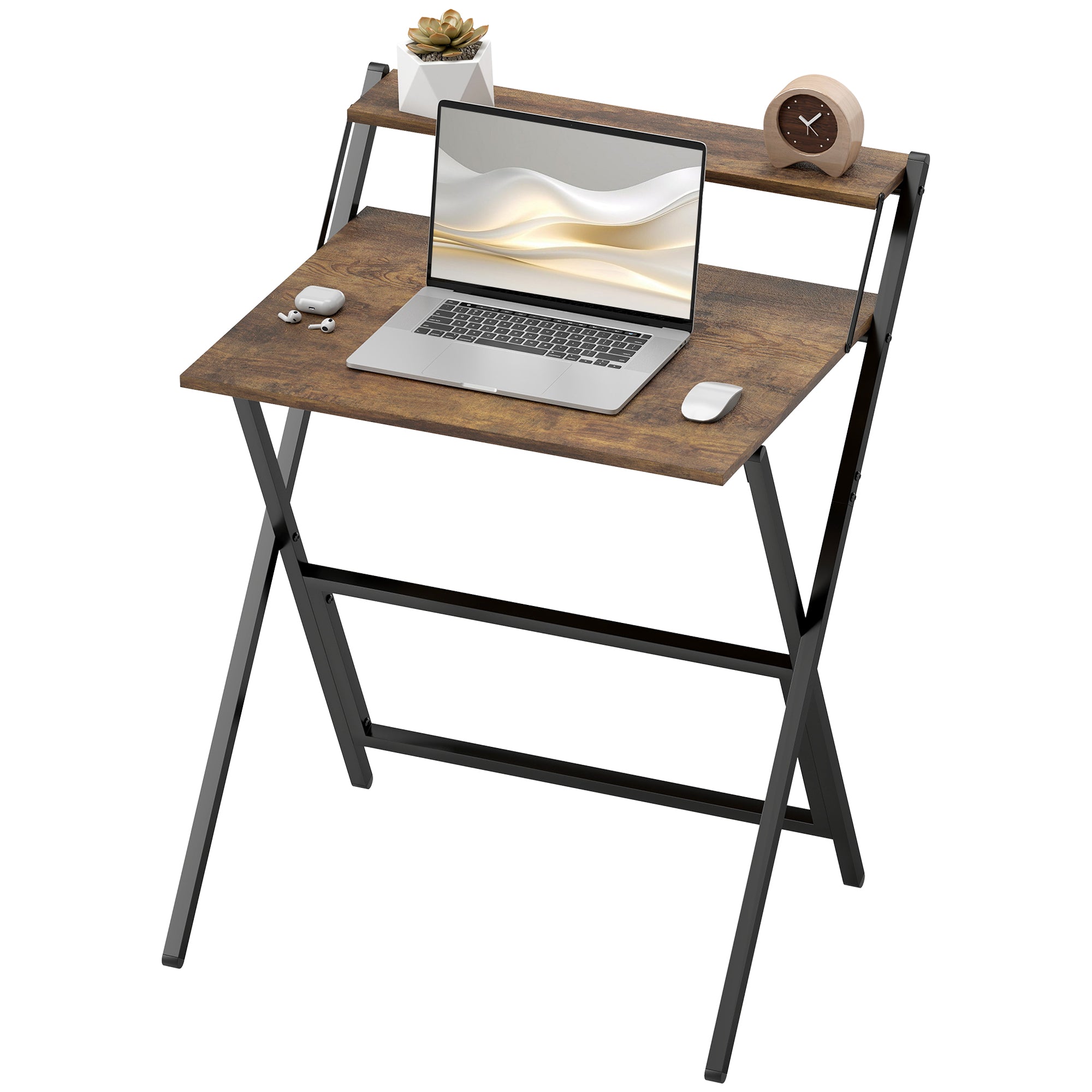 Foldable Computer Desk 25.8 x 17.7 in with Storage Shelf — Rustic Brown