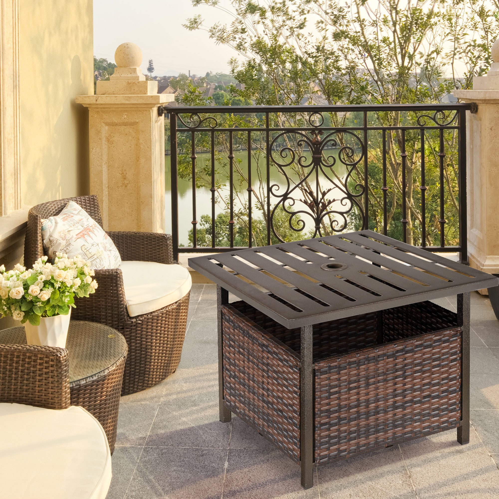 Rattan Table Garden Table Patio Table Coffee Table with Umbrella Hole Perfect for Garden Balcony Terrace 55.5 x 55.5 x 46 cm Brown