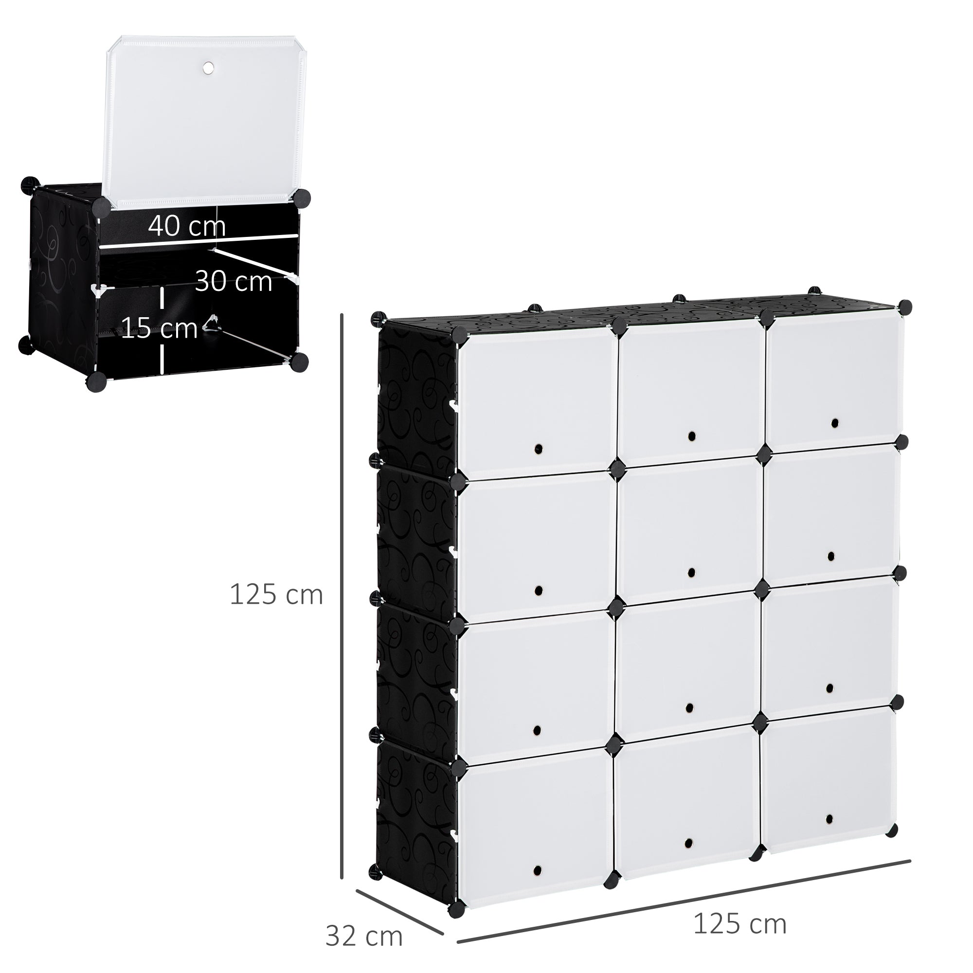 DIY Shelf System with 12 Cubes Stackable DIY Cube Rack Shoe Rack Storage Rack Shelf Rack Wardrobe for Books Toys Shoes in Plastic Steel Black+White 125 x 32 x 125 cm