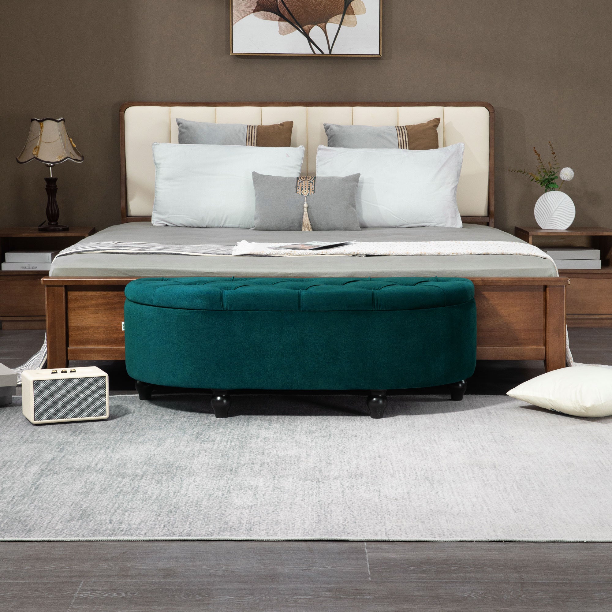 Storage Ottoman Upholstered Bench with Velvet Look, Open Lid Storage Chest with Wooden Legs, Trunk Bench for Living Room Hall Bedroom 120 x 46 x 42 cm Dark Green