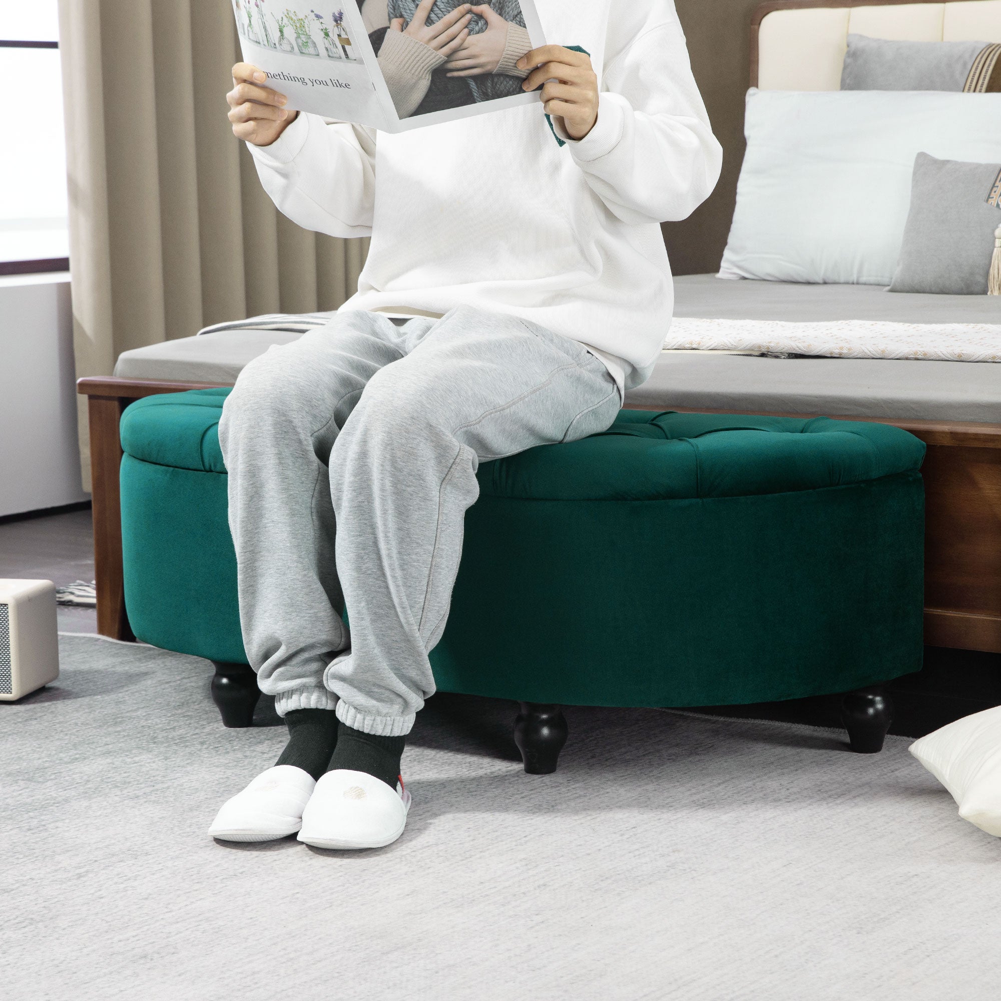 Storage Ottoman Upholstered Bench with Velvet Look, Open Lid Storage Chest with Wooden Legs, Trunk Bench for Living Room Hall Bedroom 120 x 46 x 42 cm Dark Green