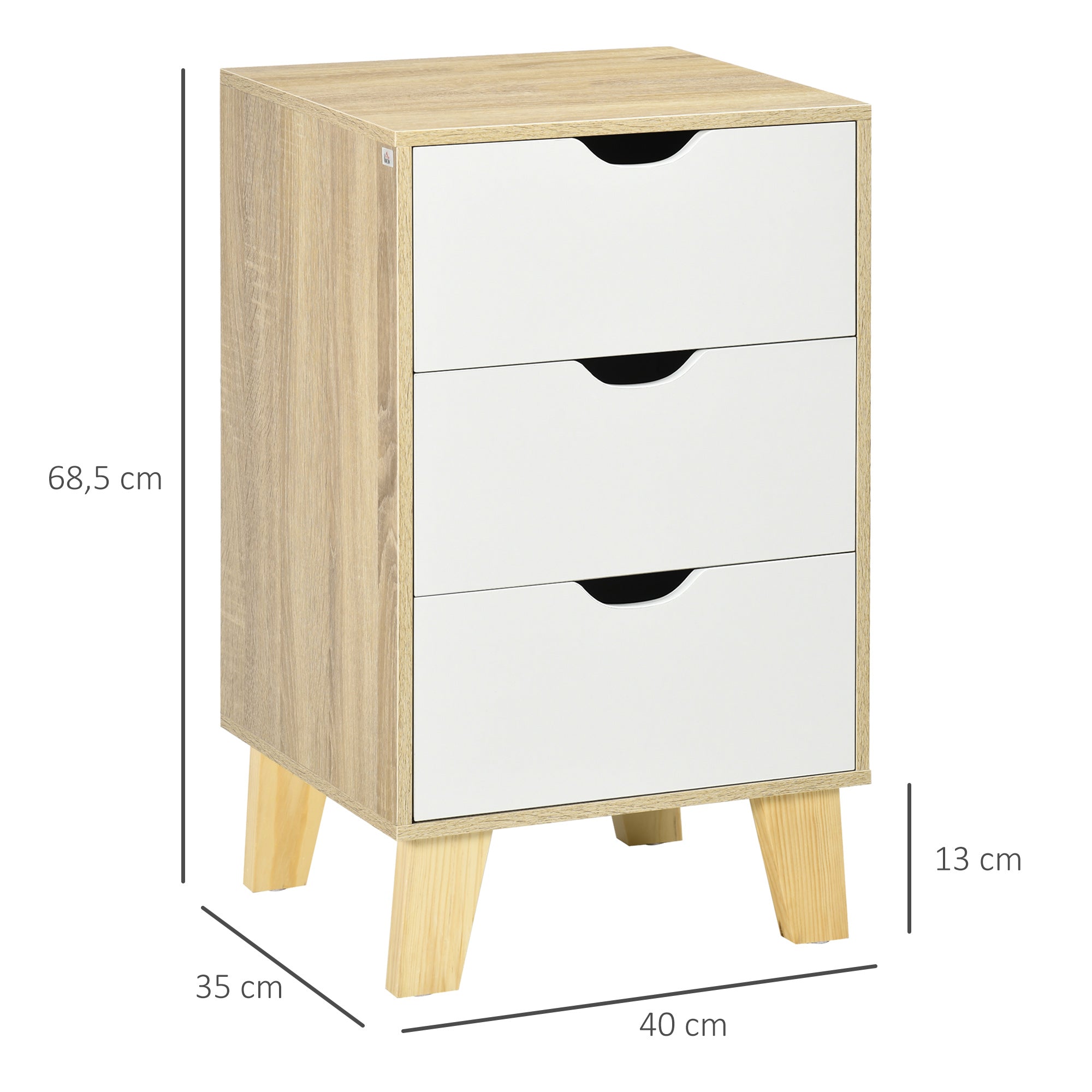 3-Drawer Chest with Raised Base Wardrobe Dresser for Bedroom Living Room Hallway Modern Style Anti-Tip 40x35x68.5 cm Natural and White